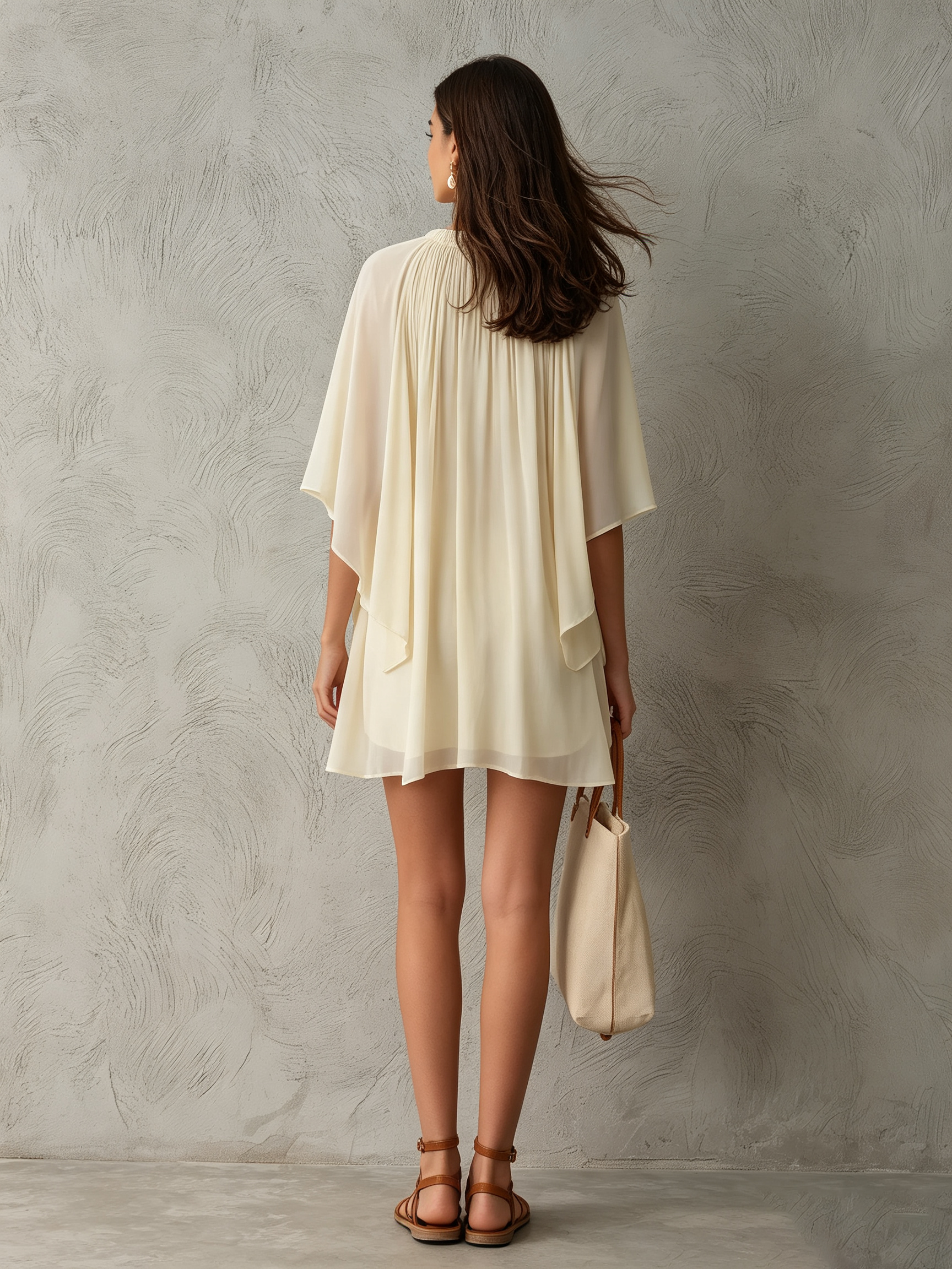 Women's Beige Chiffon Cape Sleeves Mini Dress