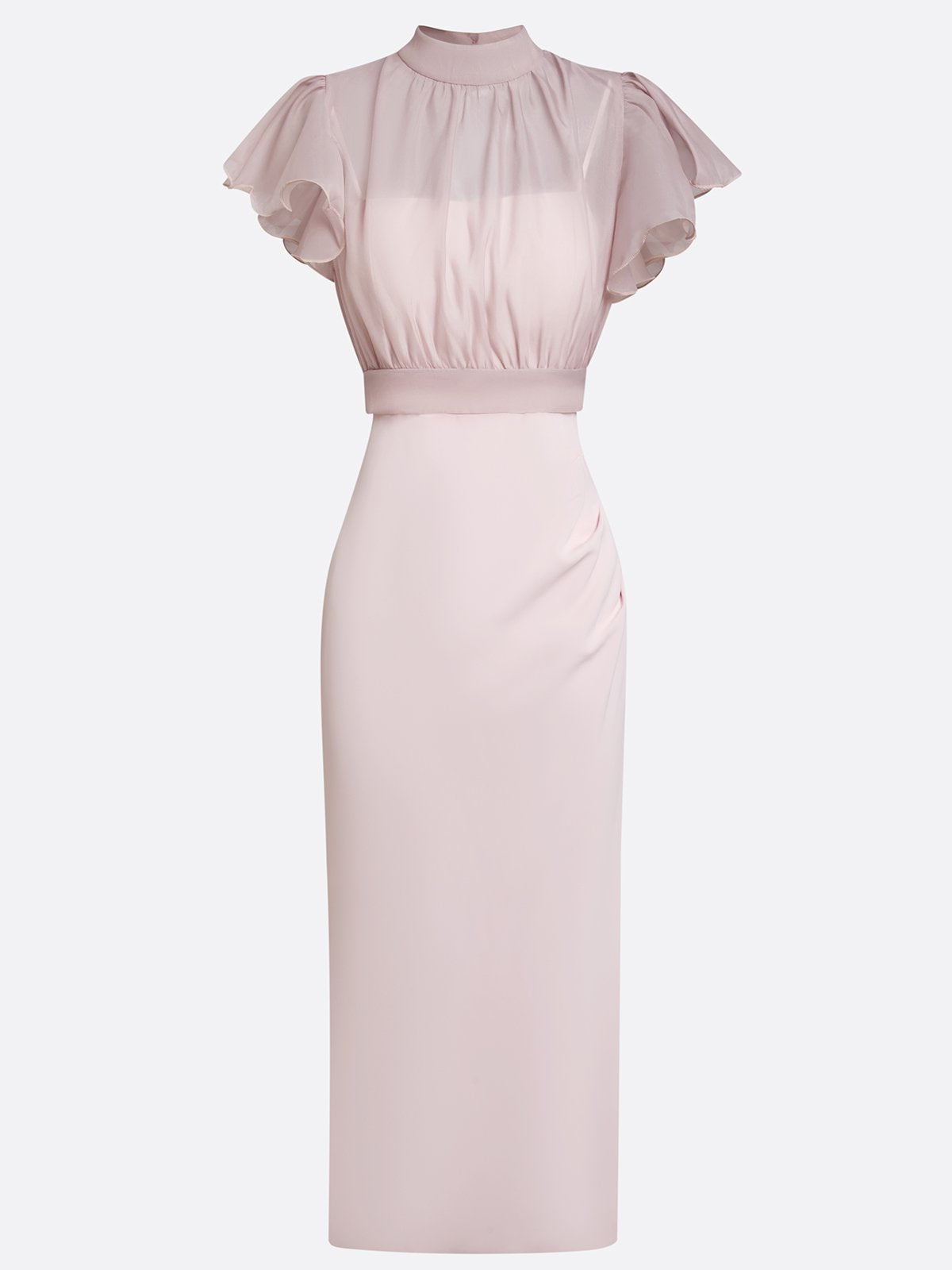 Women Pink Mock Neck Ruffled Sleeve Top With Halter Dress Two-Piece Set