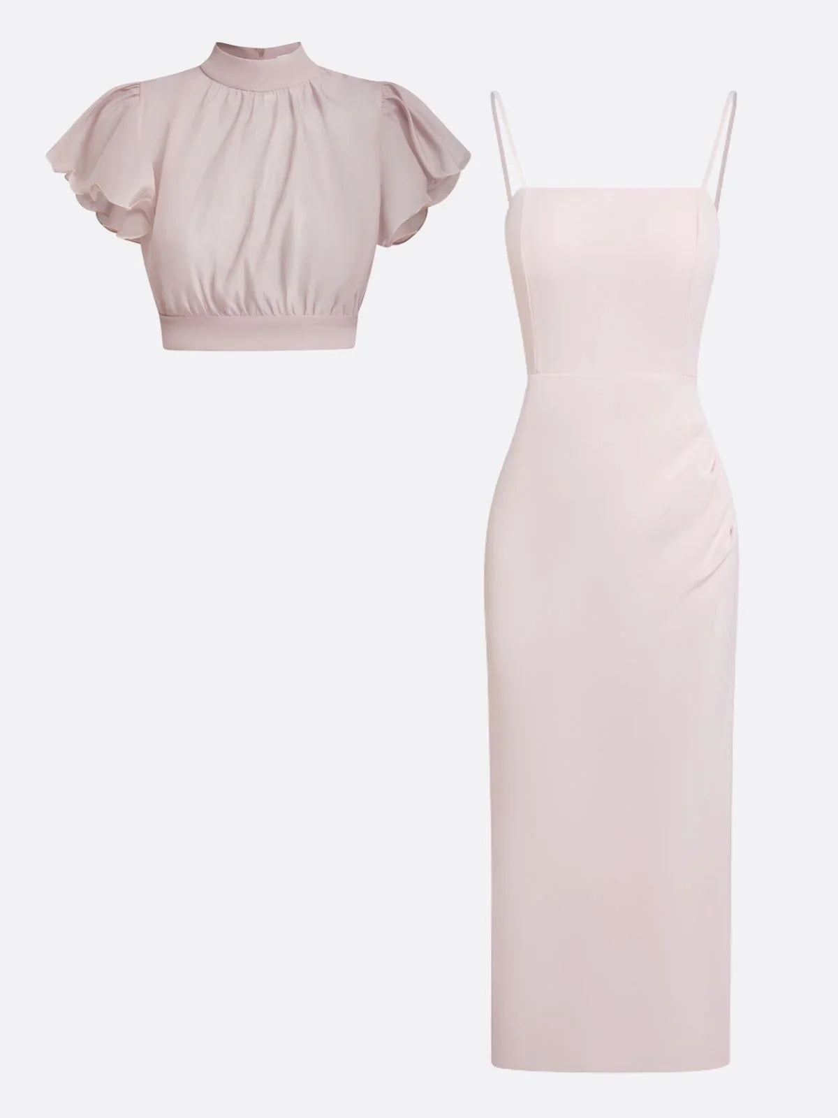Women Pink Mock Neck Ruffled Sleeve Top With Halter Dress Two-Piece Set