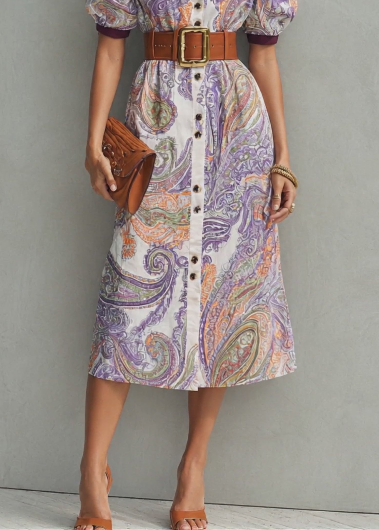 Retro French Style Purple Paisley Print Lapel Puff Midi Shirt Dress (Belt Included)
