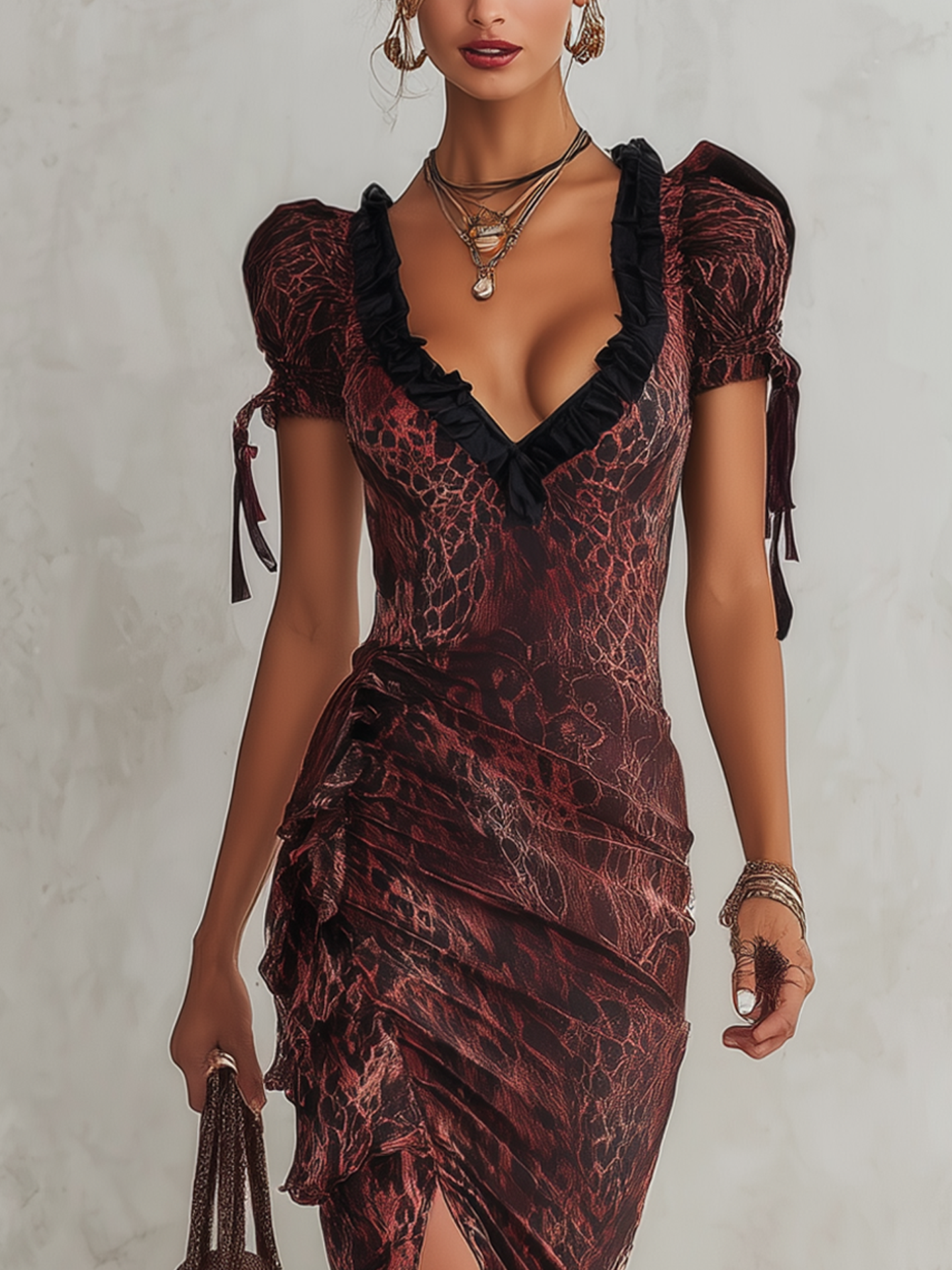 Burgundy Leopard Print Ruched Bodycon Side Slit Midi Dress