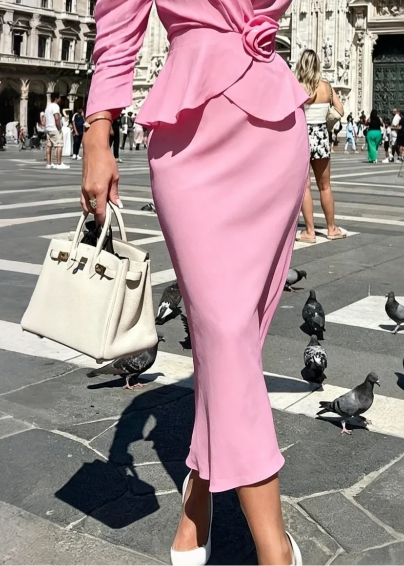 Bubble Sleeve Pink 3D Floral Blouse And Mermaid Hem Midi Skirt Set