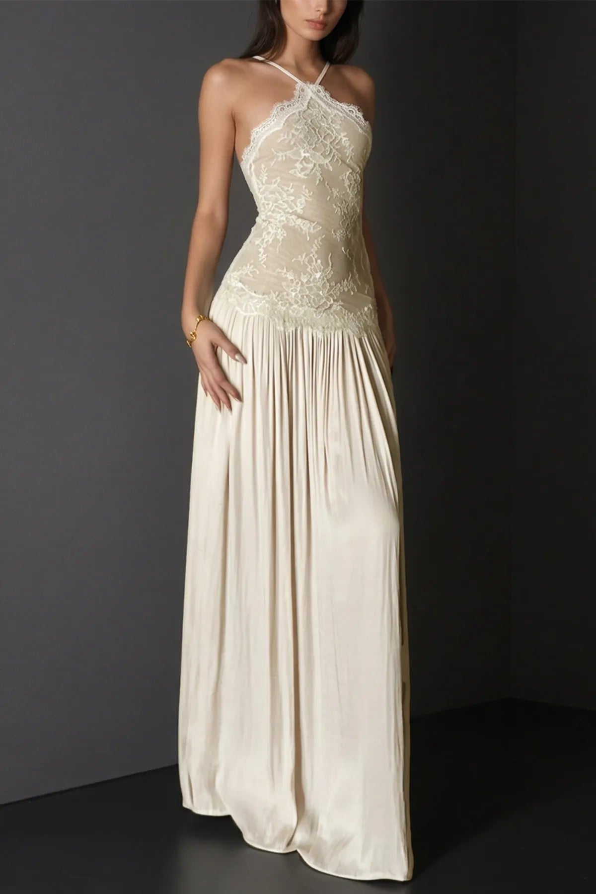 Off-the-Shoulder Floral Lace-Paneled Pleated Maxi Dress