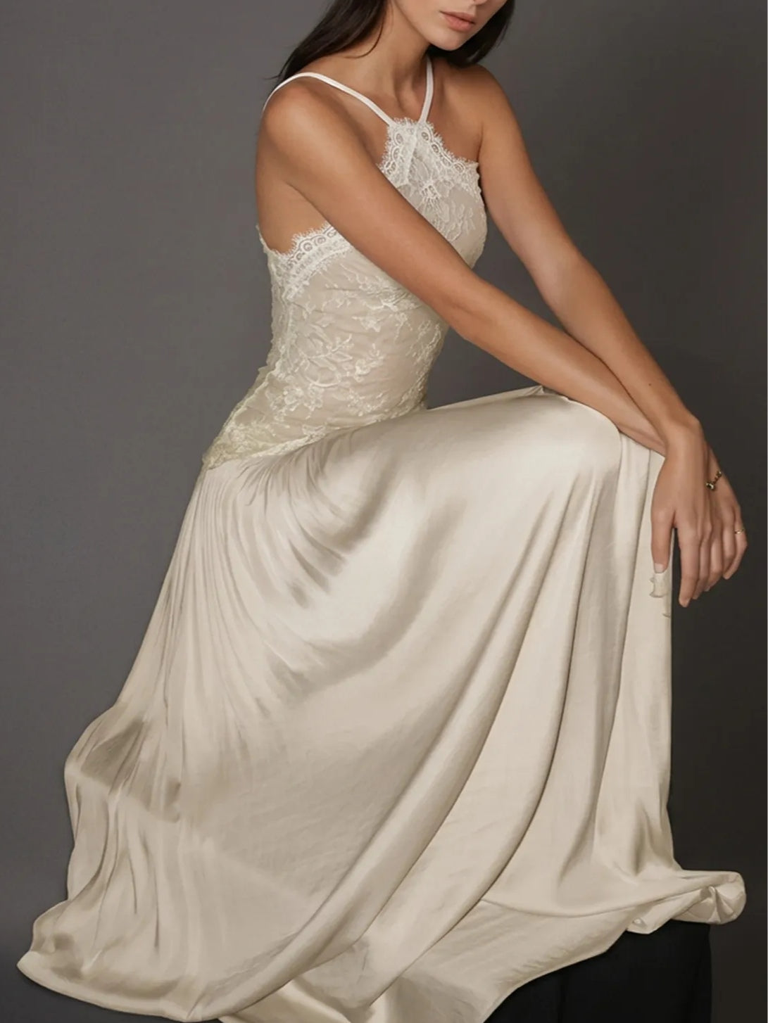 Off-the-Shoulder Floral Lace-Paneled Pleated Maxi Dress
