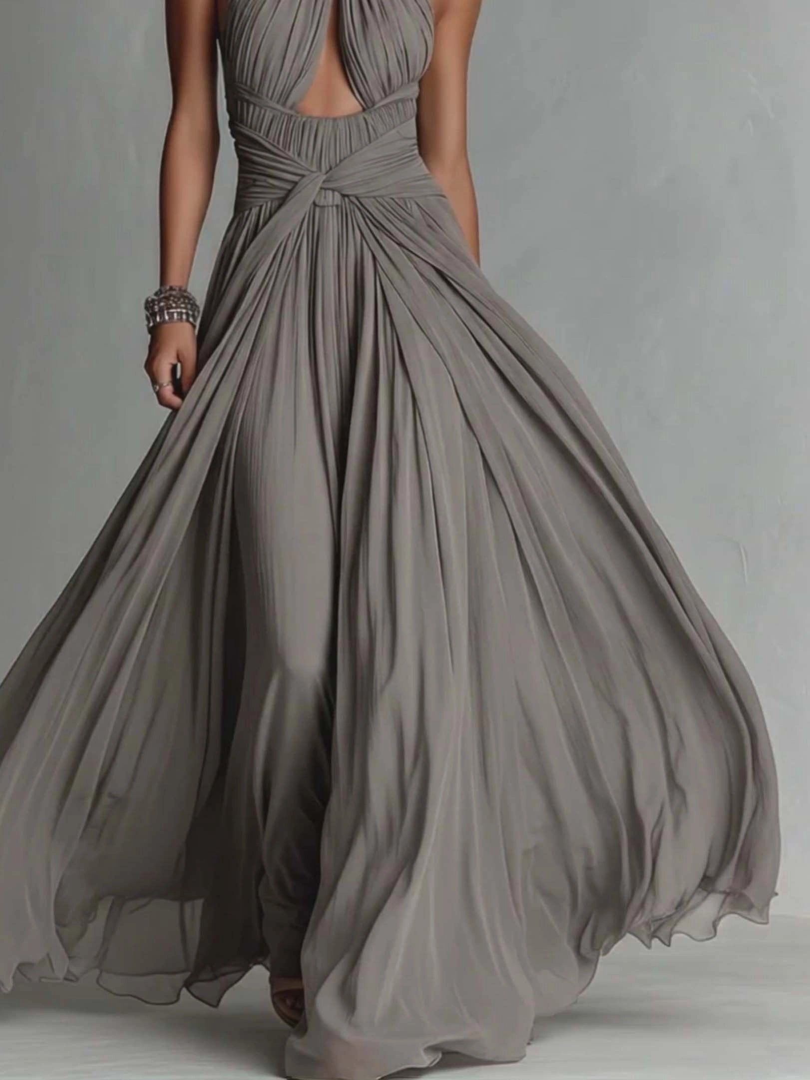 Elegant Grey High-Neck Ruched Cut-Out Flowing Maxi Dress