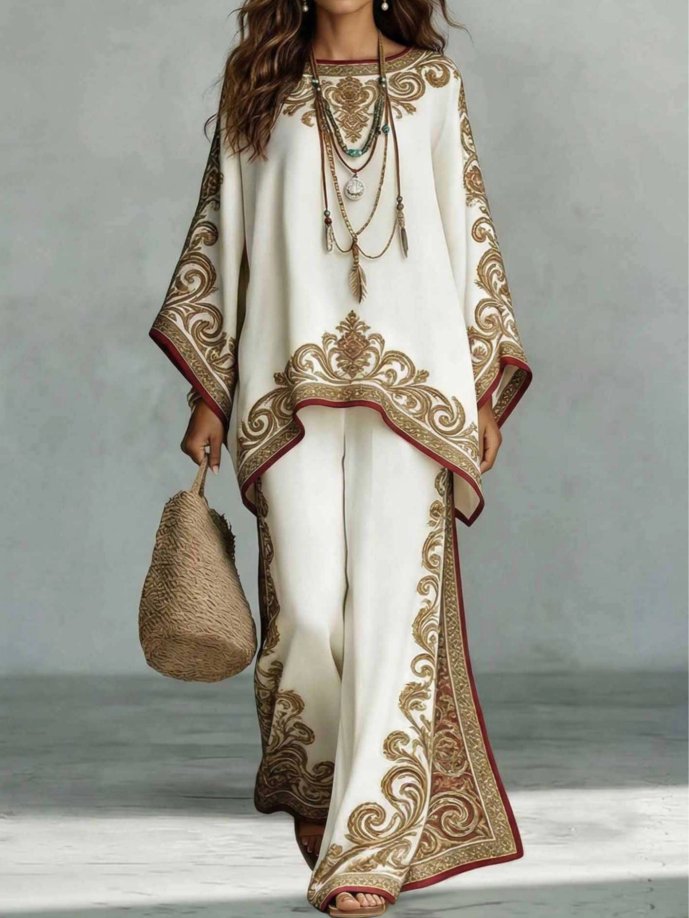 Elegant Satin Printed Oversized Shawl Top & Pants Two-Piece Set
