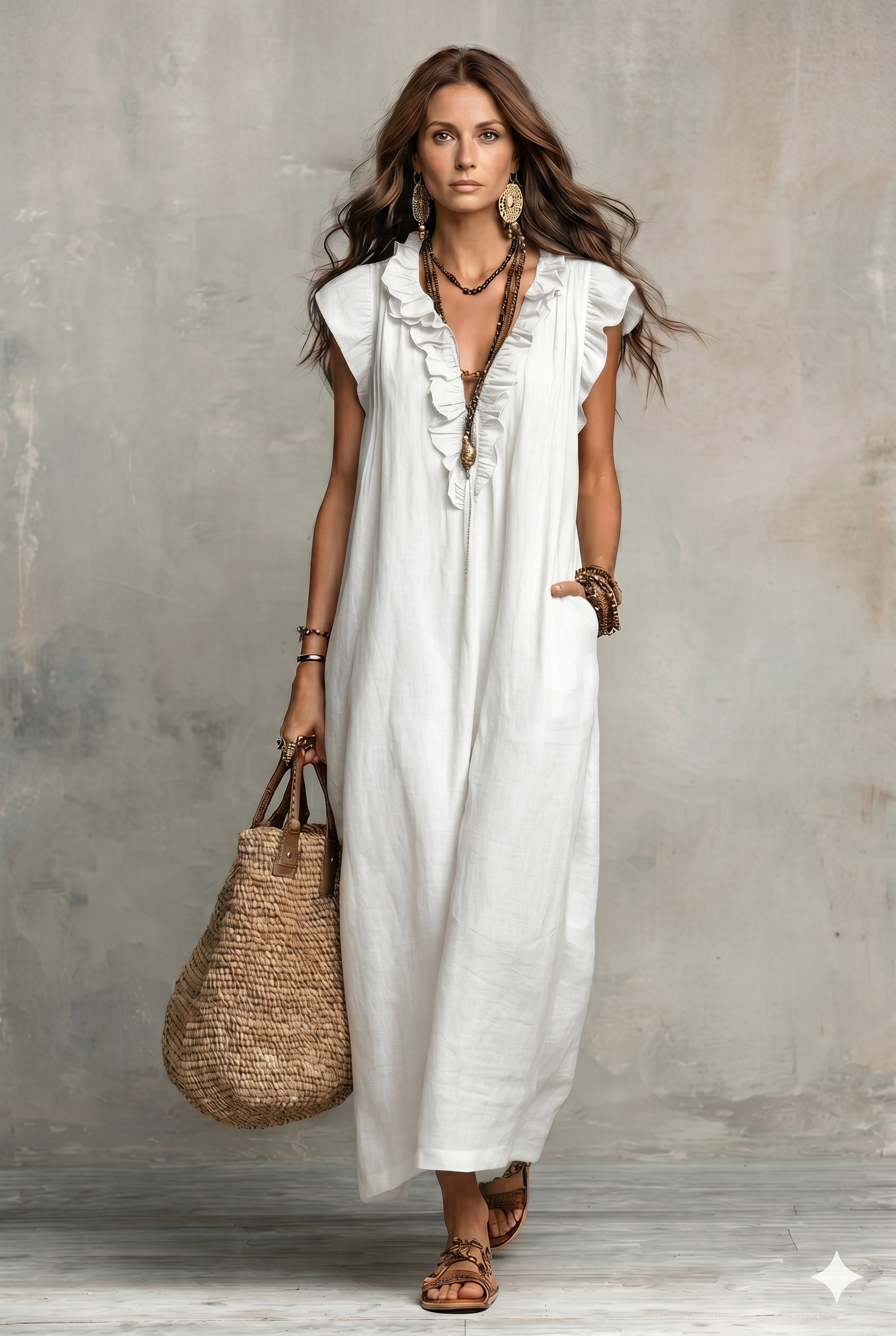 Women's Solid Color Ruffled Art Casual Fashion Cozy Cotton Linen Dress