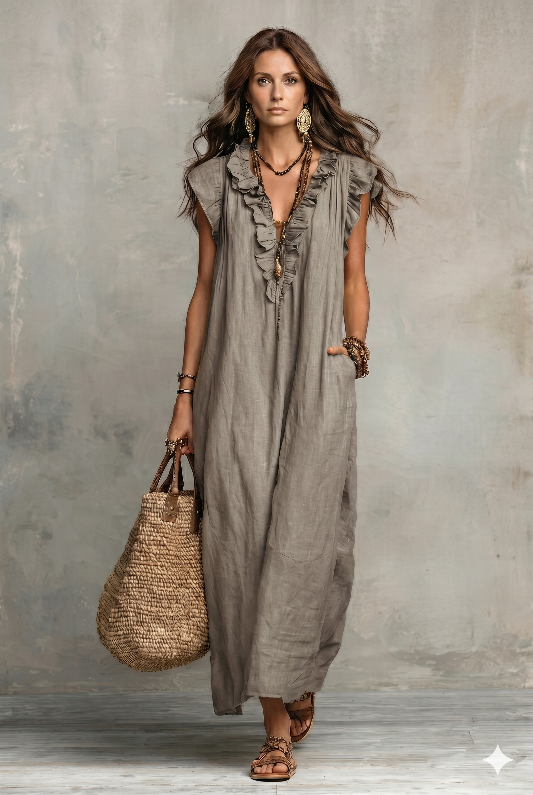 Women's Solid Color Ruffled Art Casual Fashion Cozy Cotton Linen Dress