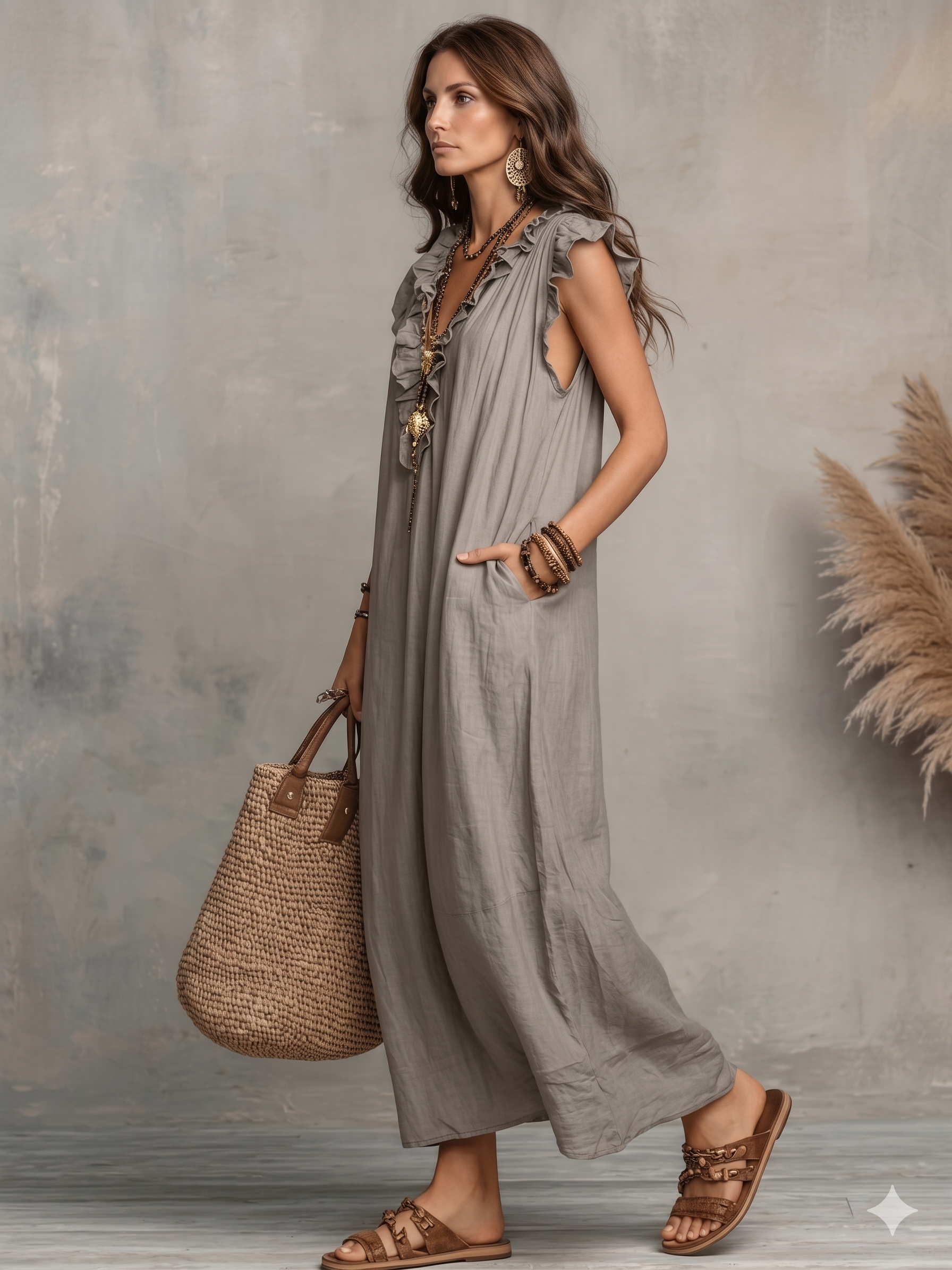 Women's Solid Color Ruffled Art Casual Fashion Cozy Cotton Linen Dress