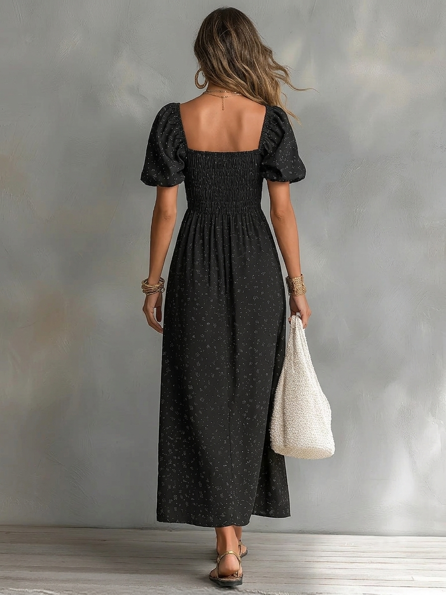 Black Square Neck Short Puff Sleeve Pleated Floral A-line Maxi Dress