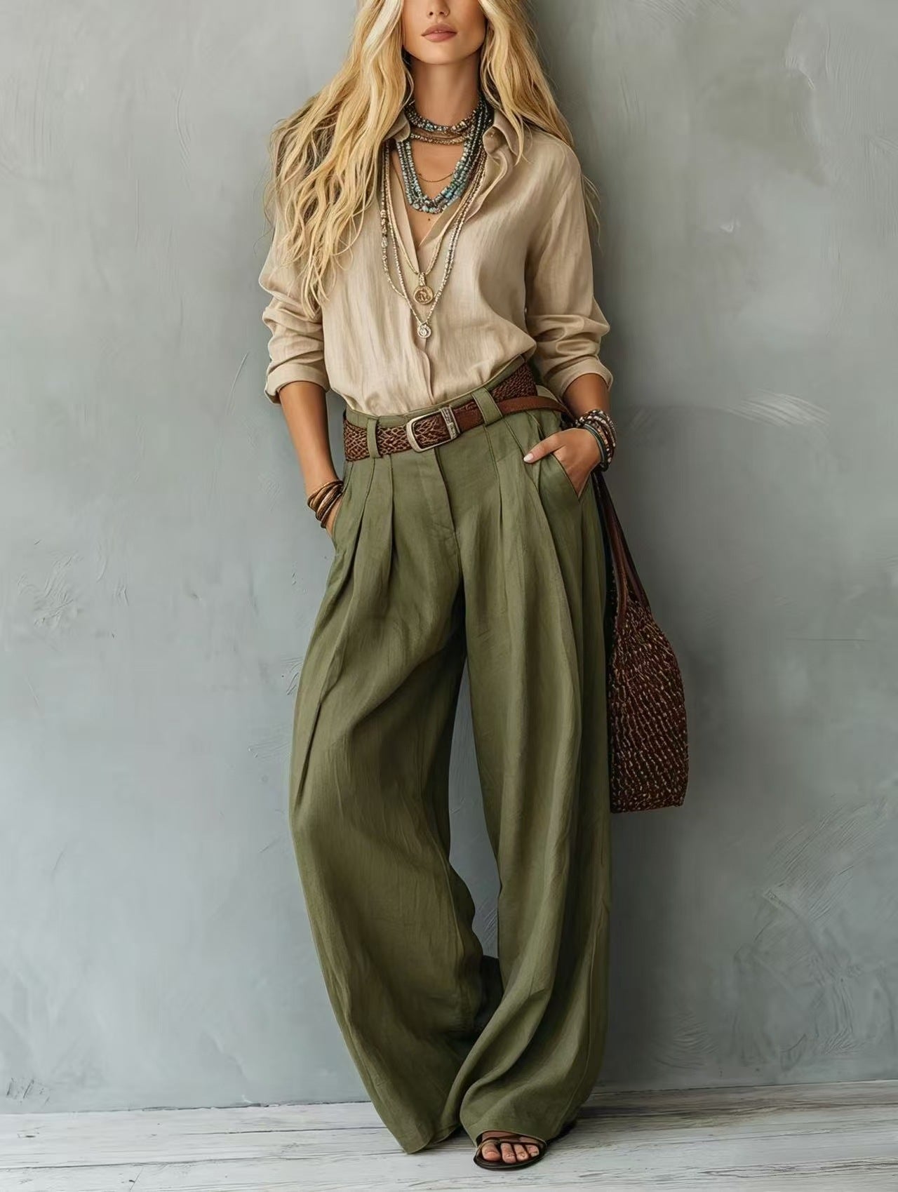 Boho Beige Loose-Fit Shirt and Green Wide-Leg Pants Set(Belt included)