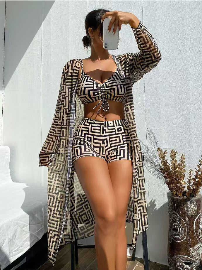Women's Rectangular Printed Two-Piece Swimsuit and Cover-Up Three-Piece Set