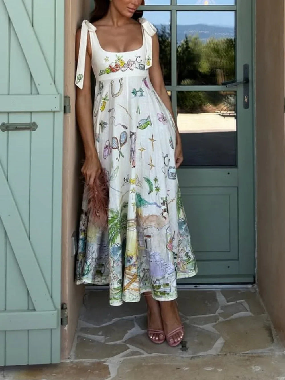 Linen Painted Ballet Tie Midi Dress