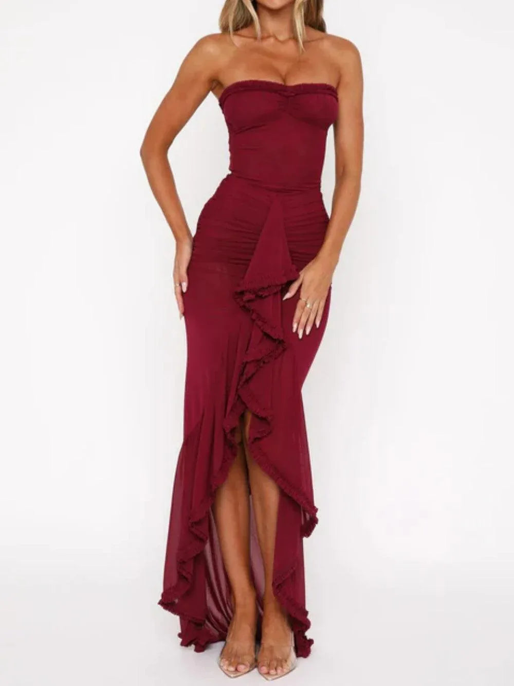 Off-the-shoulder mesh maxi dress
