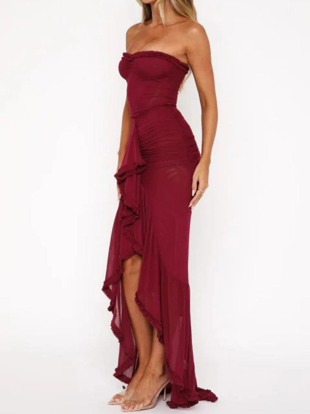 Off-the-shoulder mesh maxi dress