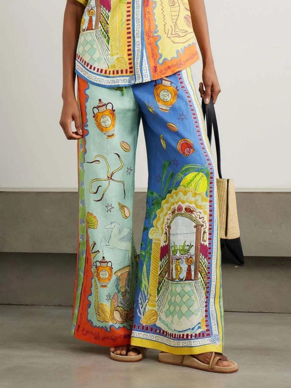 Summer Fantasy Print Short Sleeve Loose Top and Pants Set