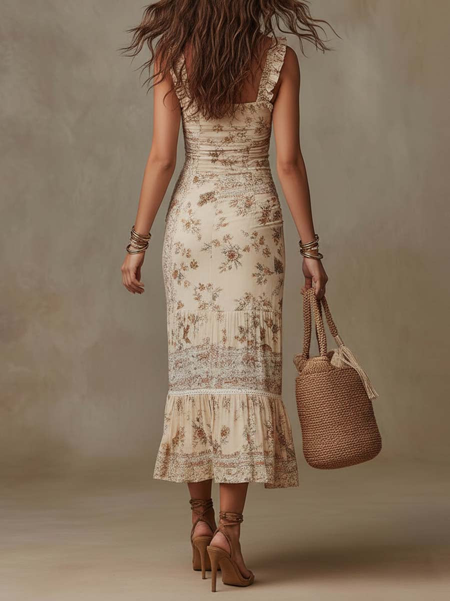 Biege Bohemian Ruffle Strap Floral Print Slit Midi Dress
