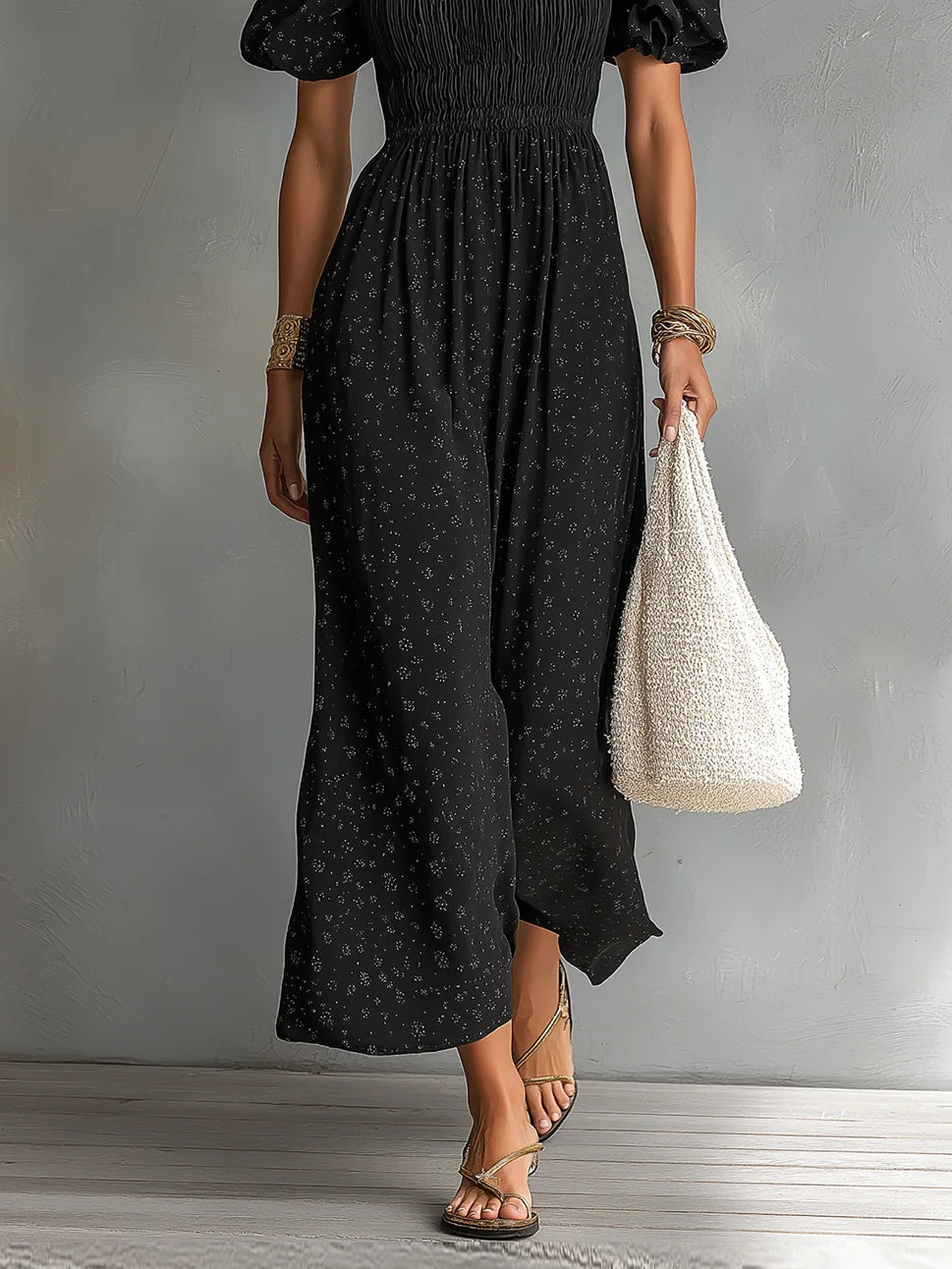 Black Square Neck Short Puff Sleeve Pleated Floral A-line Maxi Dress