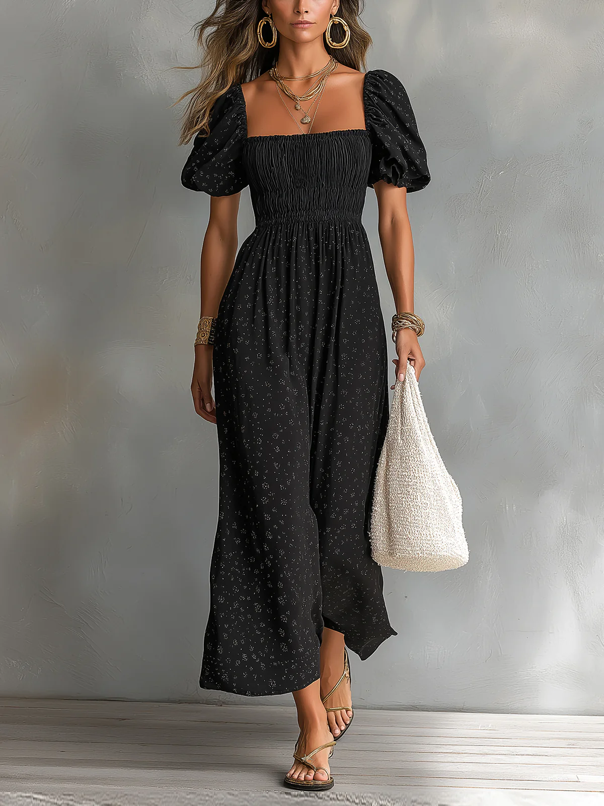 Black Square Neck Short Puff Sleeve Pleated Floral A-line Maxi Dress
