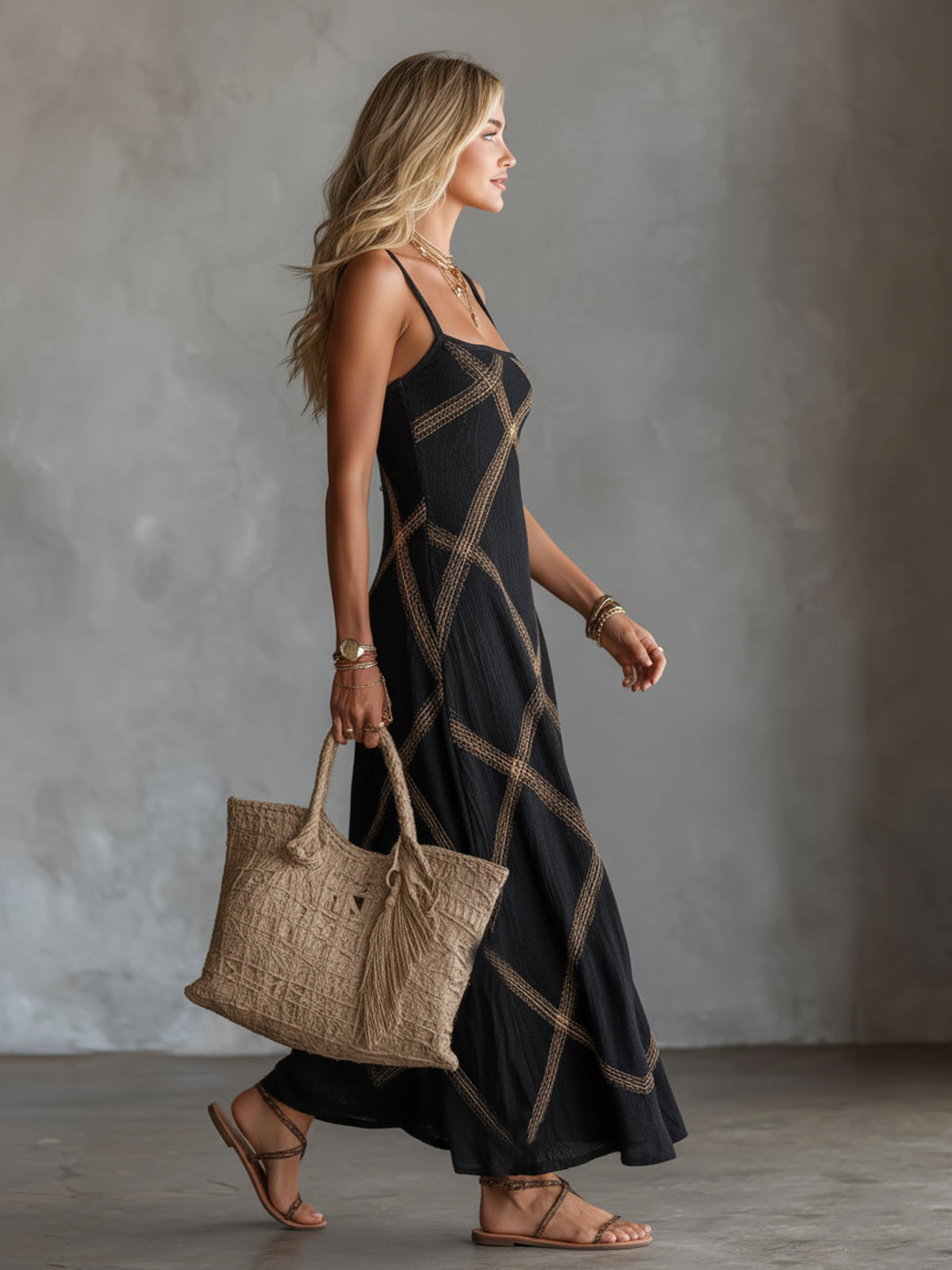 Black Geometric Camel Print Halter-neck A-line Maxi Dress