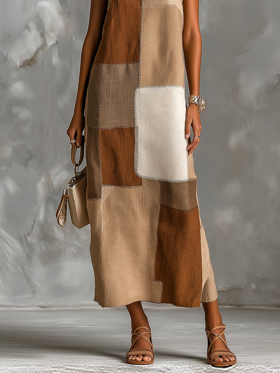 Brown Colorblock Spaghetti Straps Square-Neck Sleeveless Maxi Dress