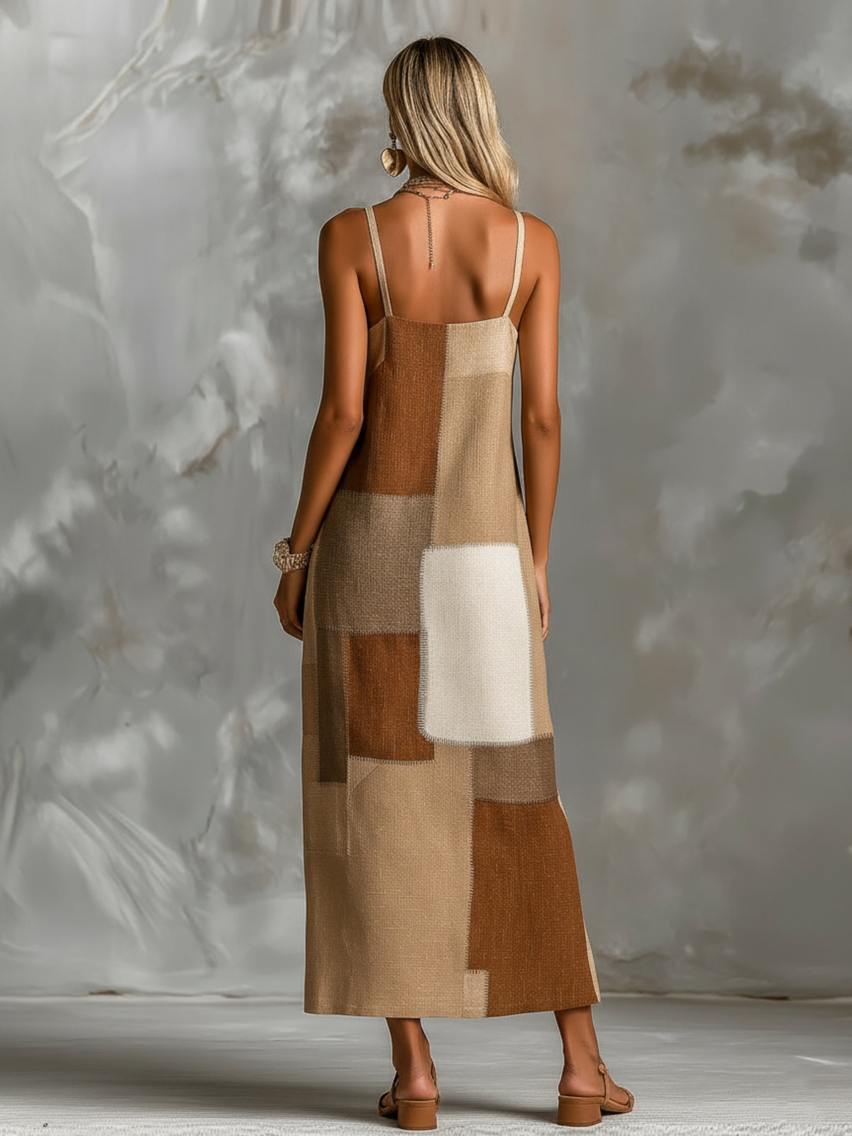 Brown Colorblock Spaghetti Straps Square-Neck Sleeveless Maxi Dress