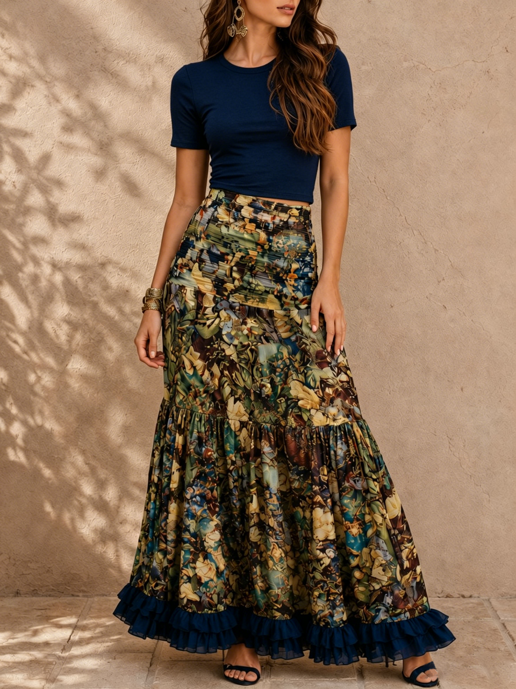 Navy Blue Knit Crop Top And Floral Print Skirt Set