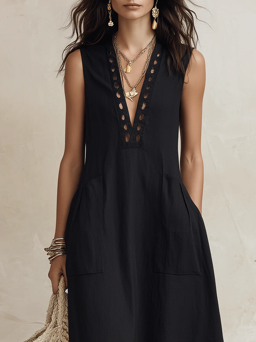 Black Sleeveless V-neck Cutout A-line Midi Dress