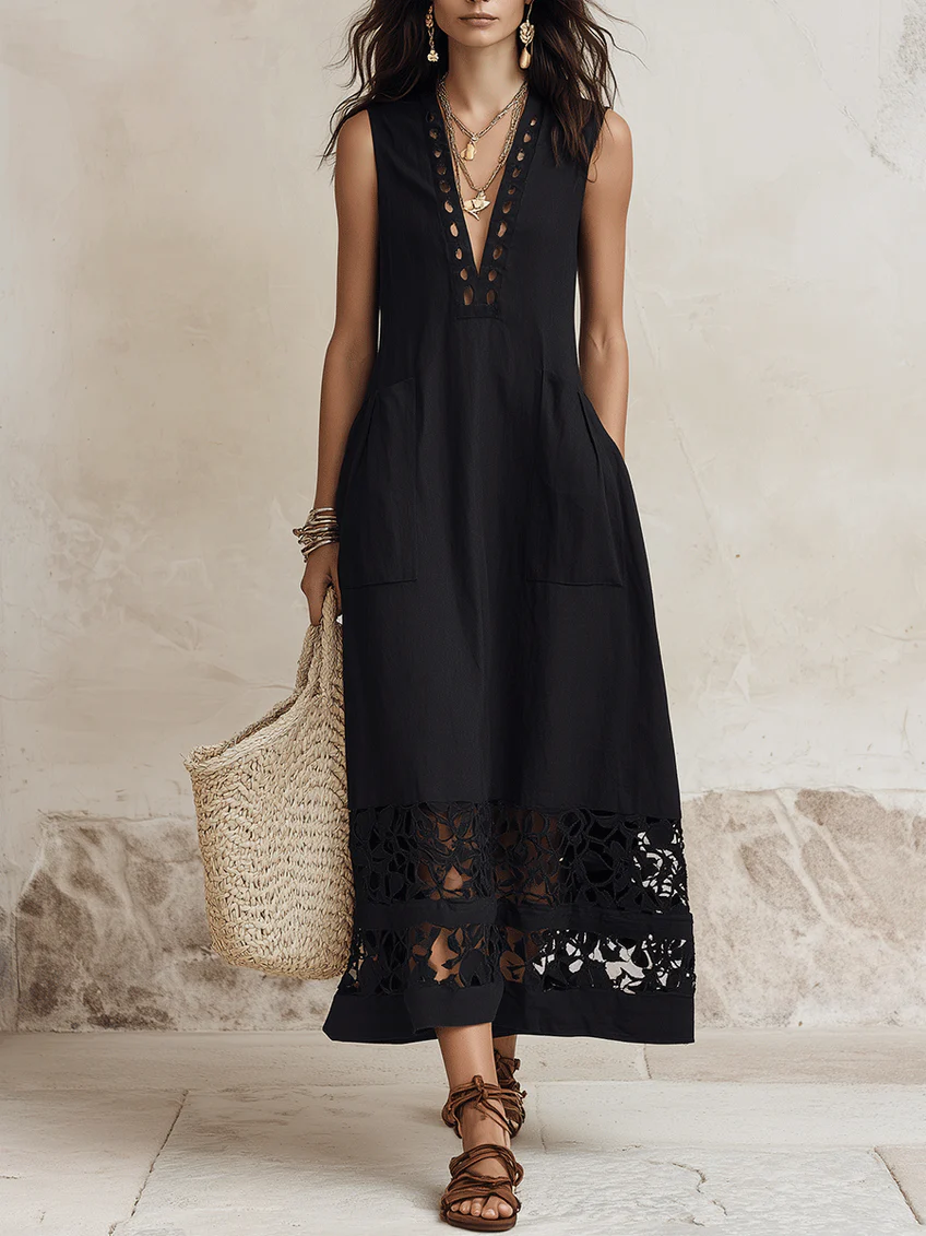 Black Sleeveless V-neck Cutout A-line Midi Dress