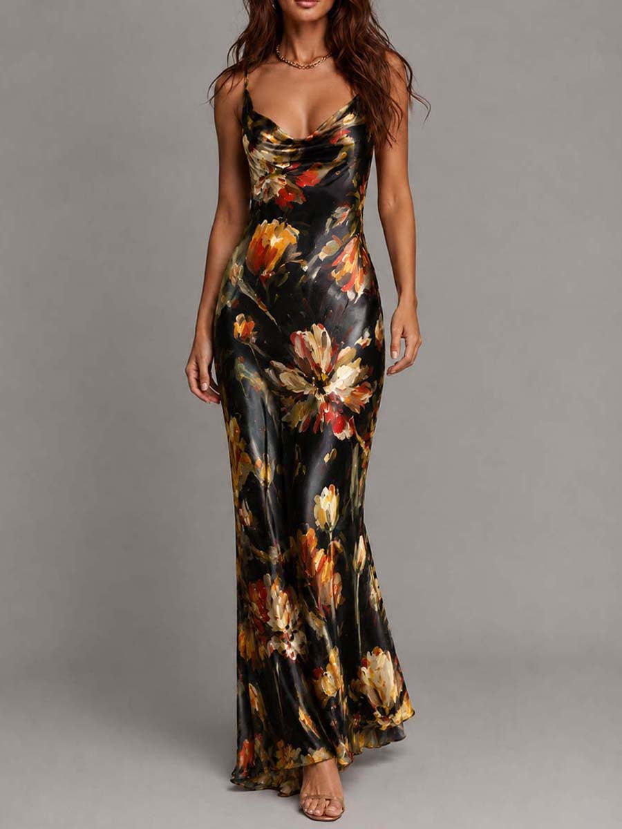 Black Draped Floral Print Satin Halter Mermaid Maxi Dress