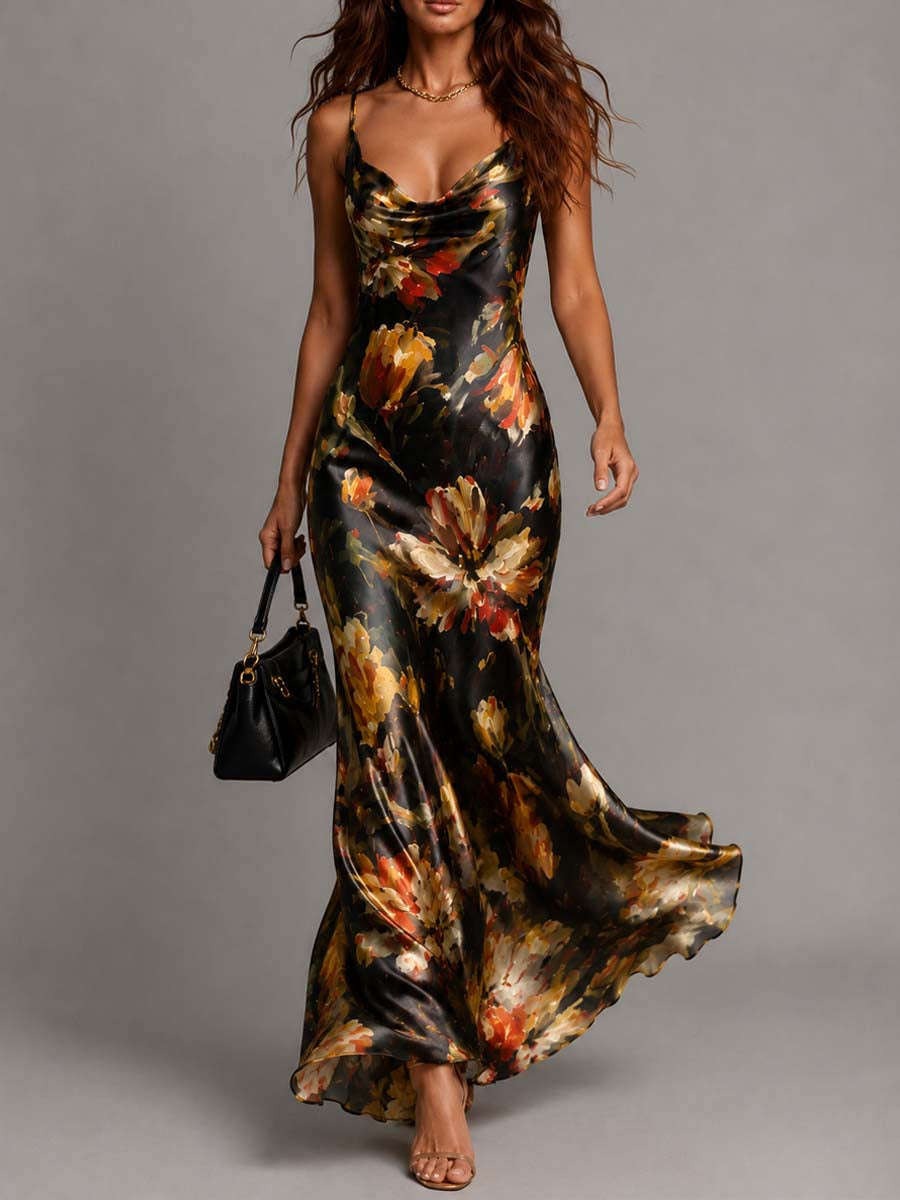 Black Draped Floral Print Satin Halter Mermaid Maxi Dress