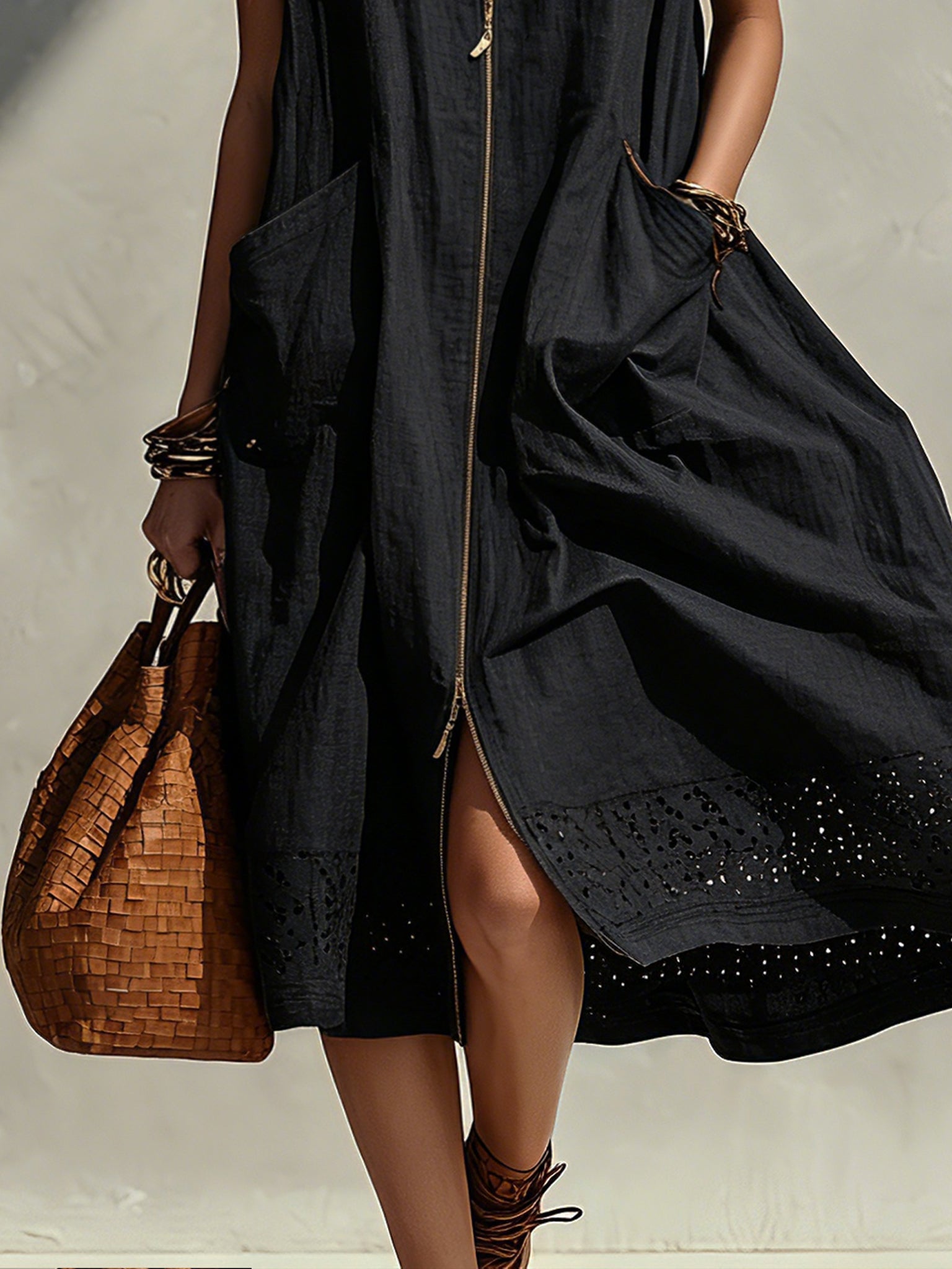 Black Sleeveless Zip-up Neckline Cutout Midi Dress