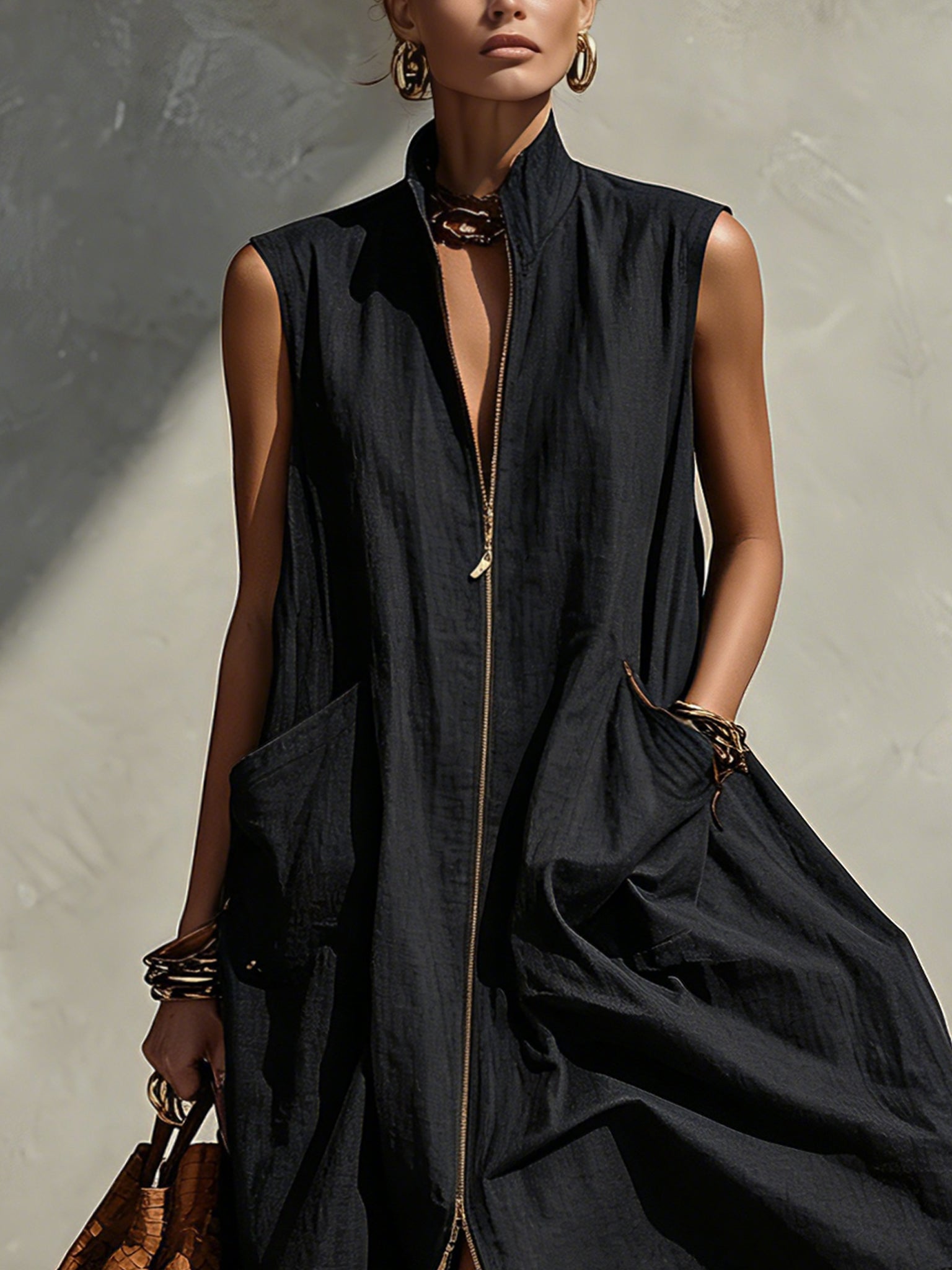 Black Sleeveless Zip-up Neckline Cutout Midi Dress