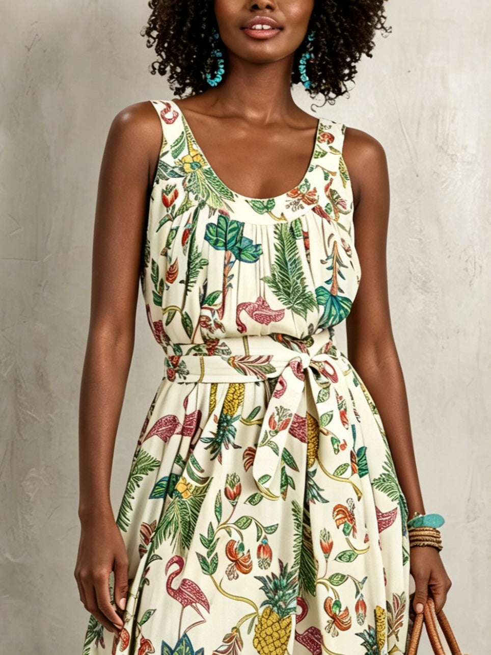 Flamingo And Palm Tree Print U-neck Sleeveless Tie-waist Resort Maxi Dress