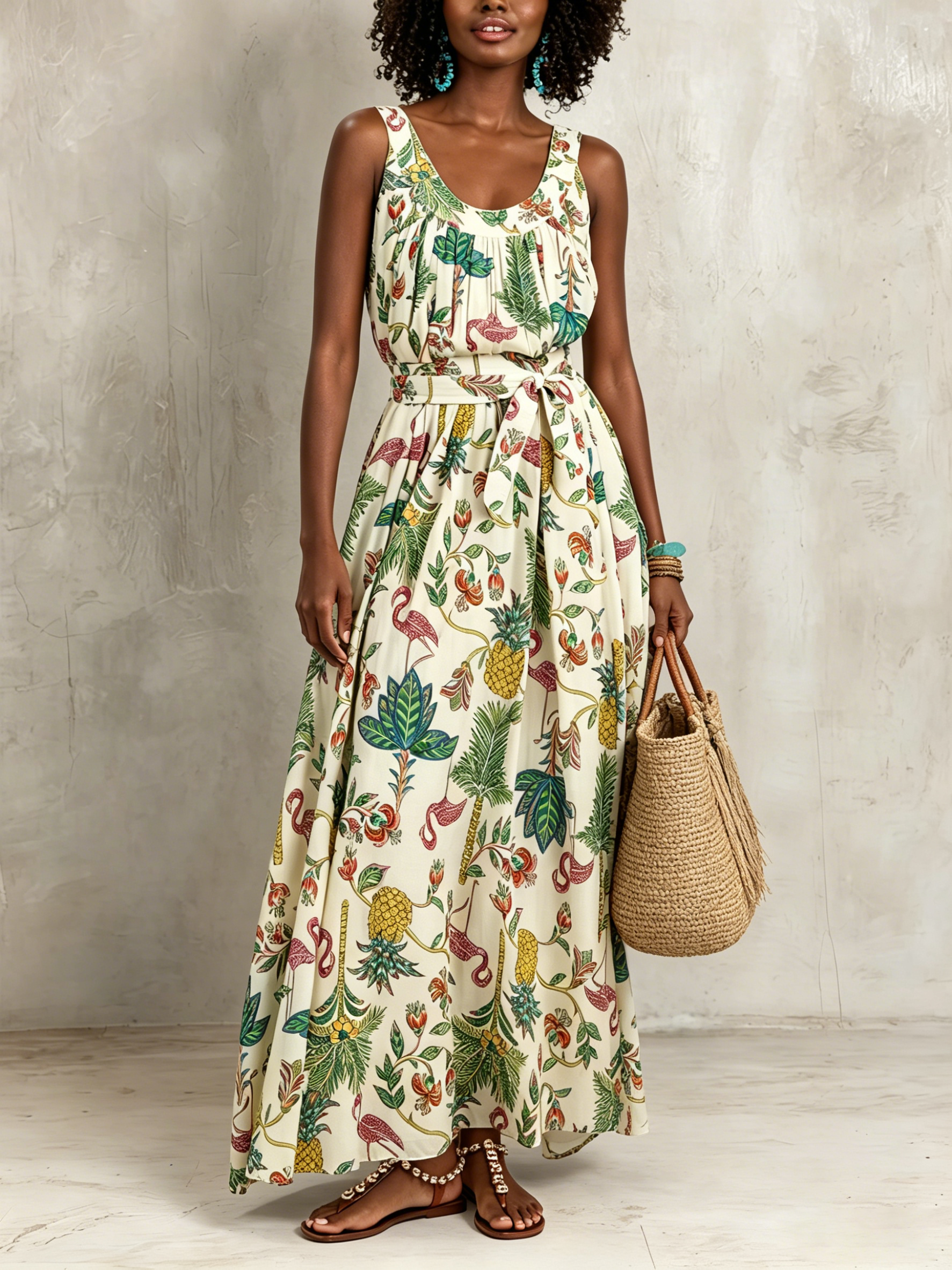 Flamingo And Palm Tree Print U-neck Sleeveless Tie-waist Resort Maxi Dress