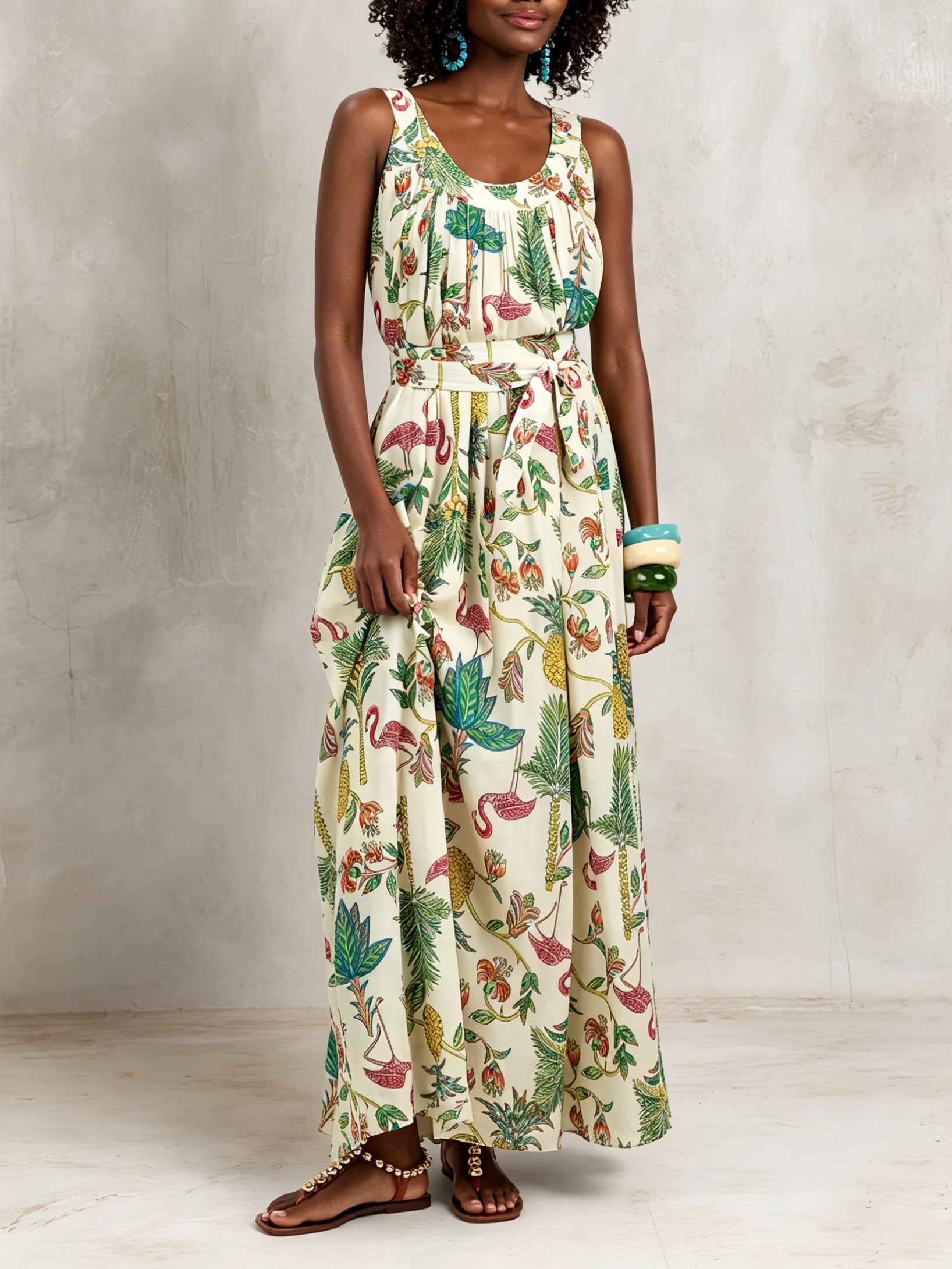 Flamingo And Palm Tree Print U-neck Sleeveless Tie-waist Resort Maxi Dress