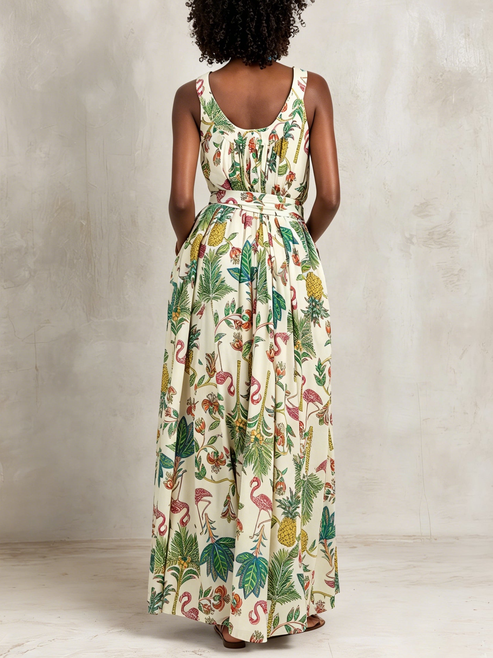 Flamingo And Palm Tree Print U-neck Sleeveless Tie-waist Resort Maxi Dress