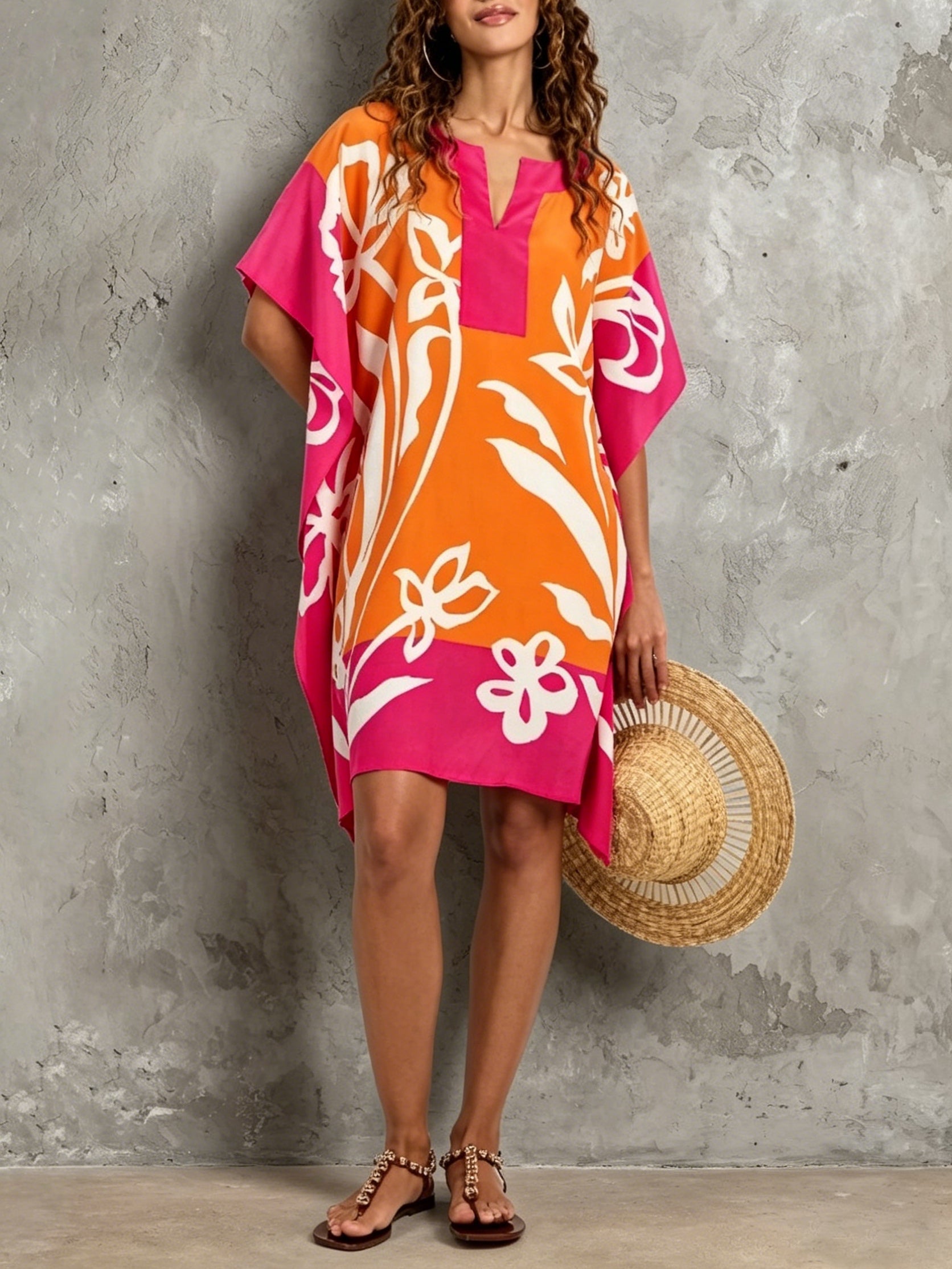 Fuchsia Color-blocked Print V-neck Kaftan Mini Dress