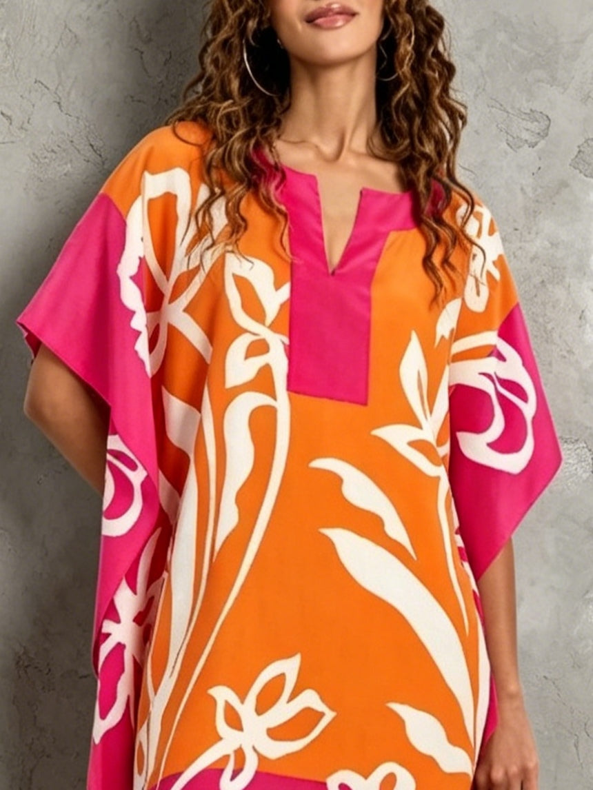 Fuchsia Color-blocked Print V-neck Kaftan Mini Dress