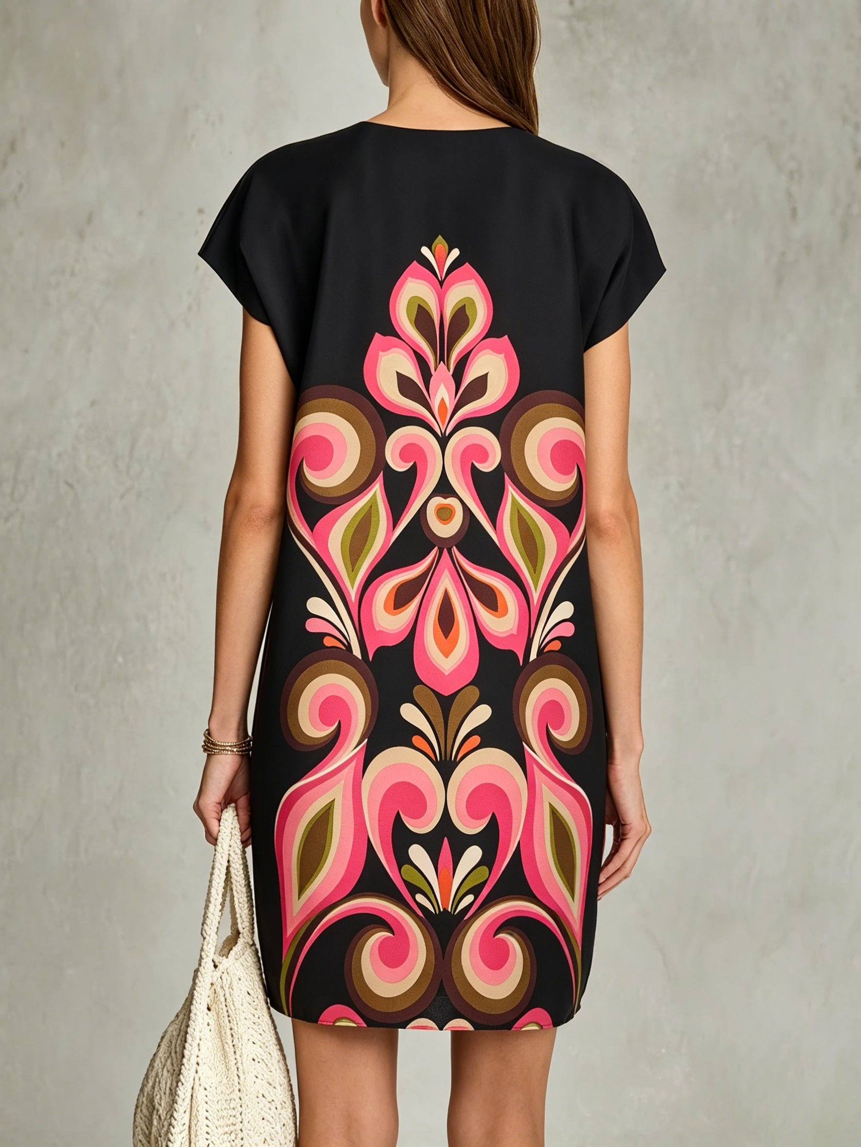 Black Zip-up Round Neck Floral Print Loose Mini Dress