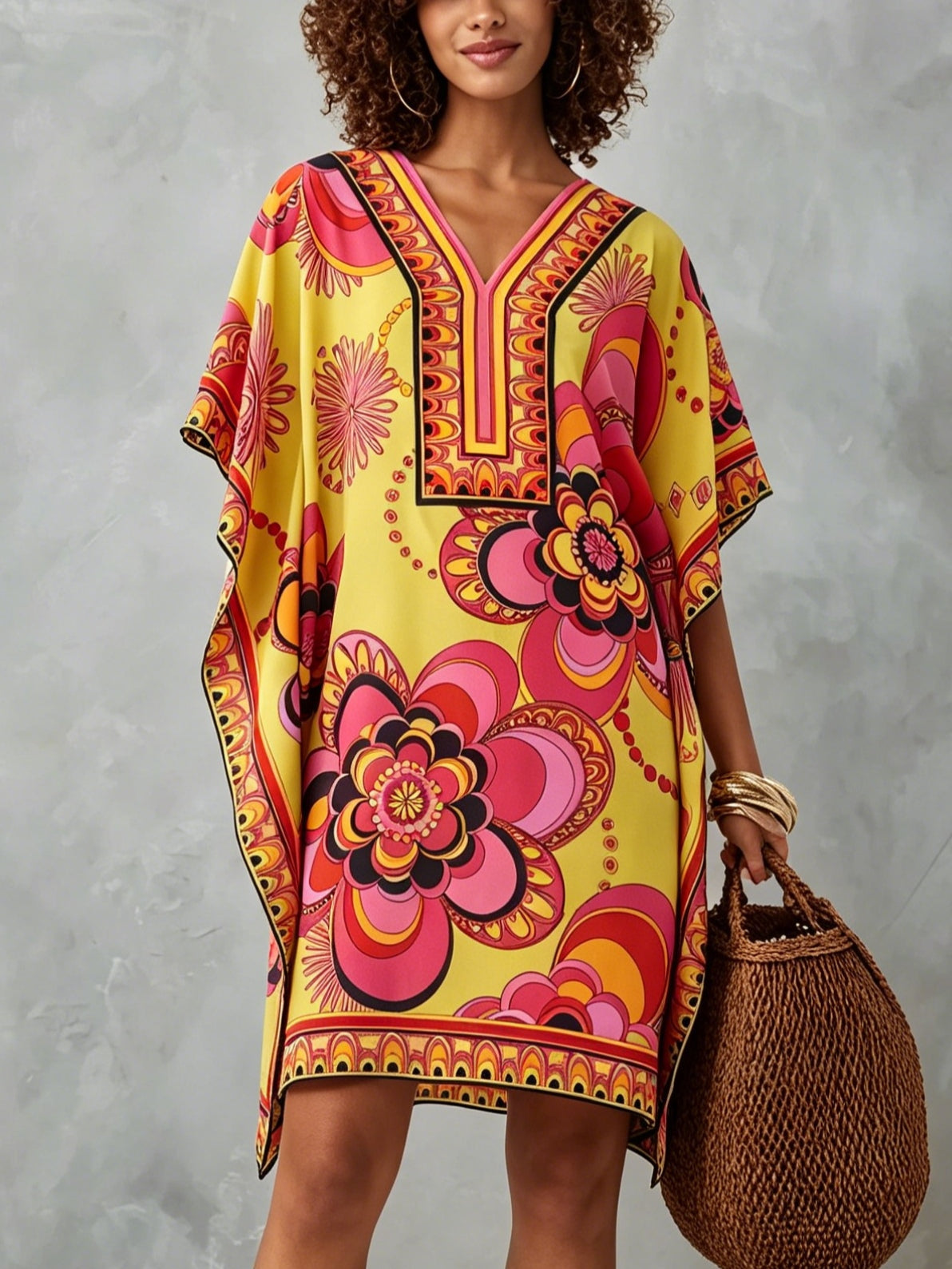 Colorful V-neck Floral Print Loose-fitting Kaftan Mini Dress