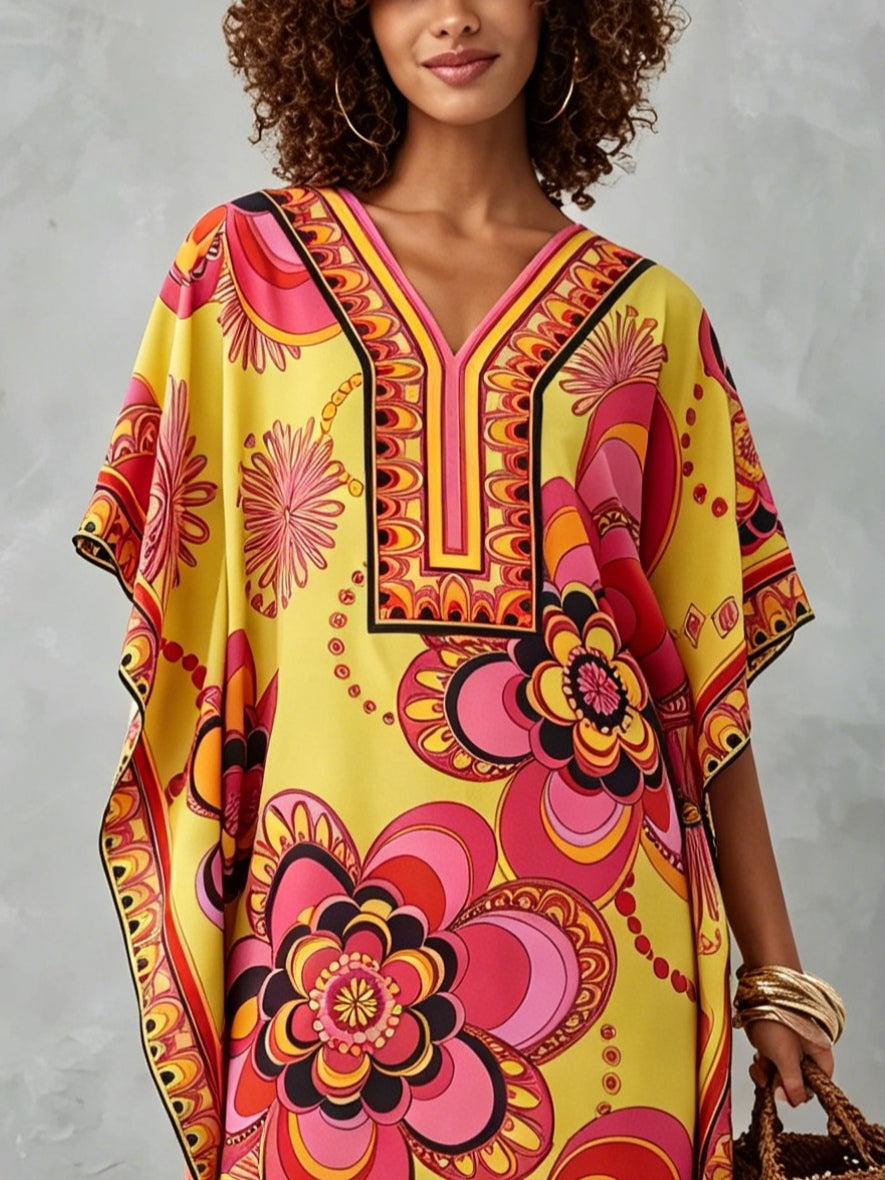 Colorful V-neck Floral Print Loose-fitting Kaftan Mini Dress