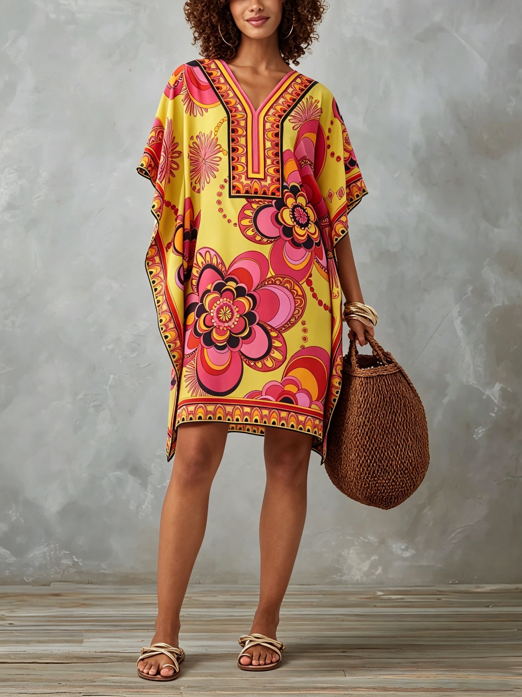 Colorful V-neck Floral Print Loose-fitting Kaftan Mini Dress