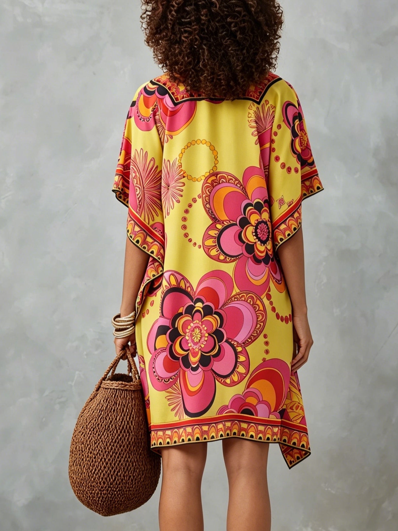 Colorful V-neck Floral Print Loose-fitting Kaftan Mini Dress