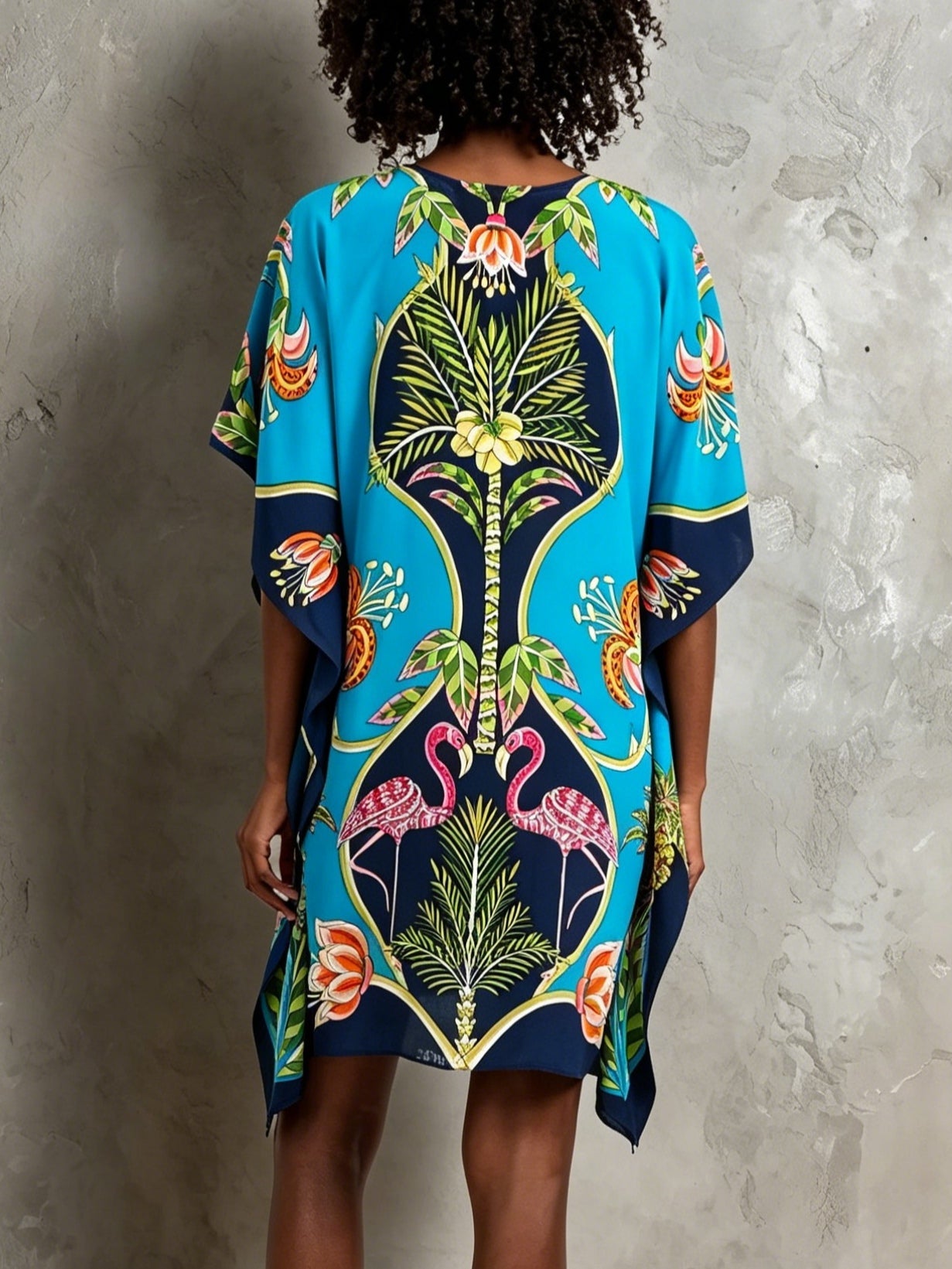 Blue Tropical Print Batwing Sleeve Kaftan Mini Dress