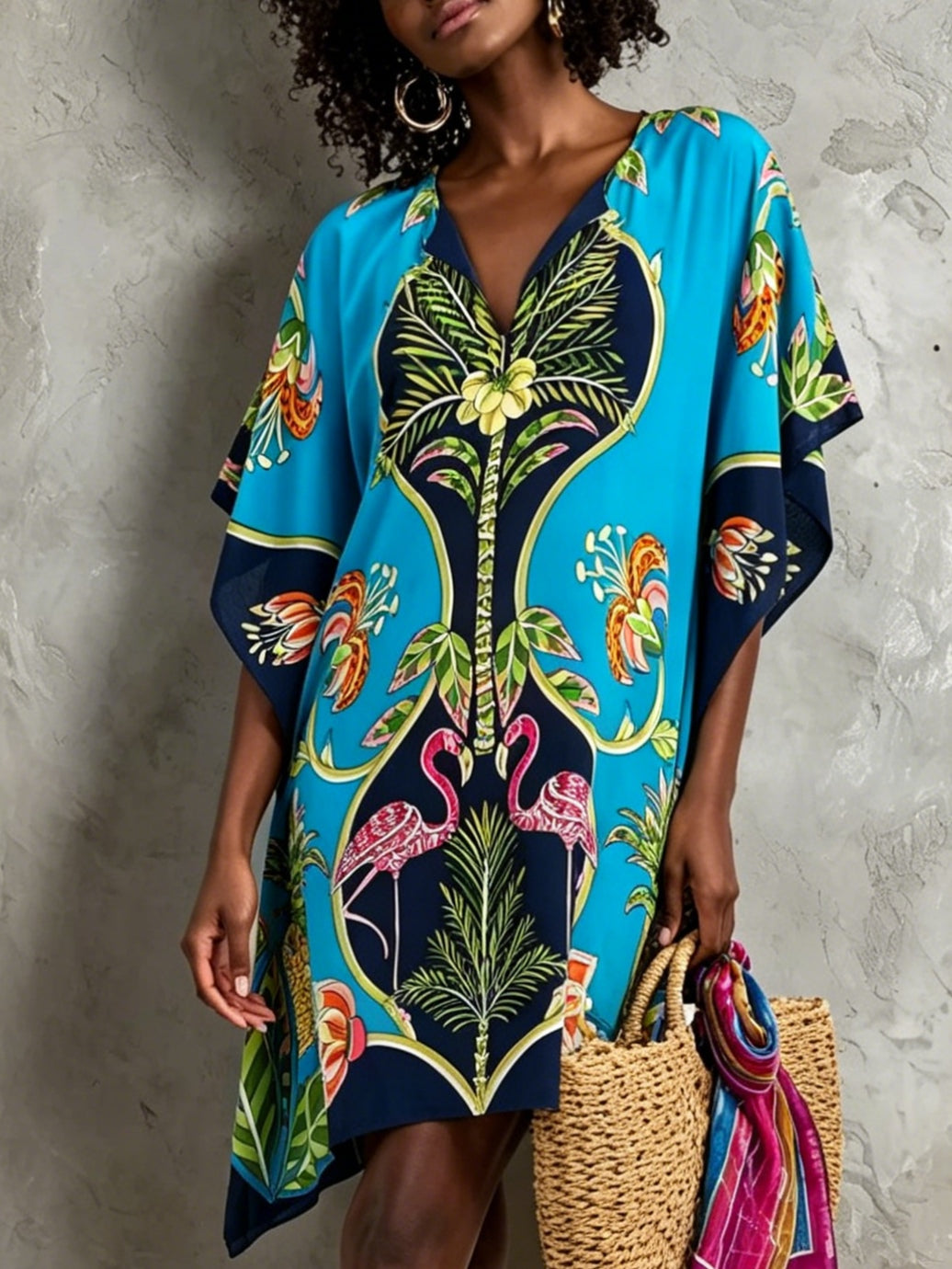 Blue Tropical Print Batwing Sleeve Kaftan Mini Dress