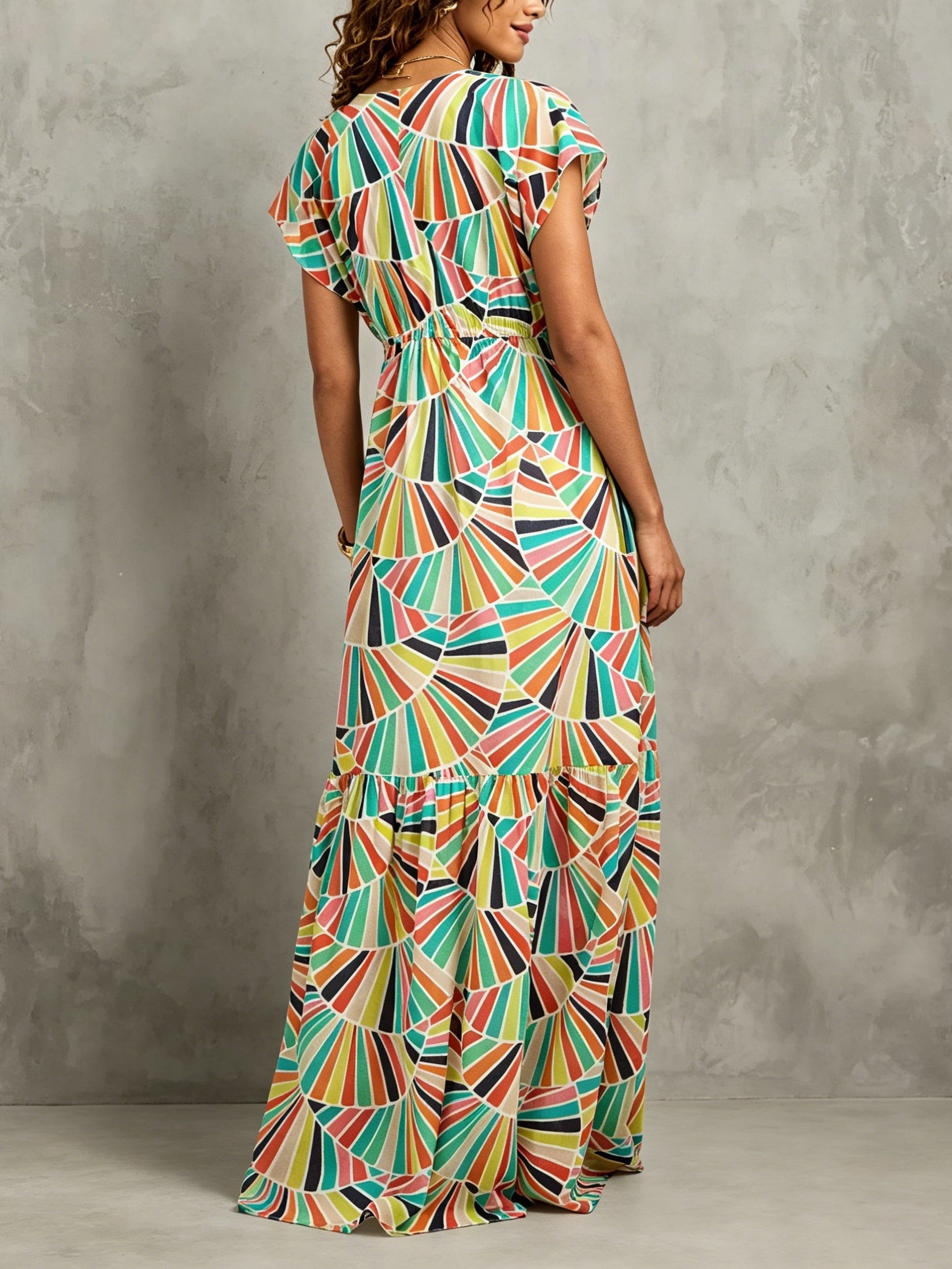 Retro Colorful Fan Print V-neck High-waisted Maxi Dress