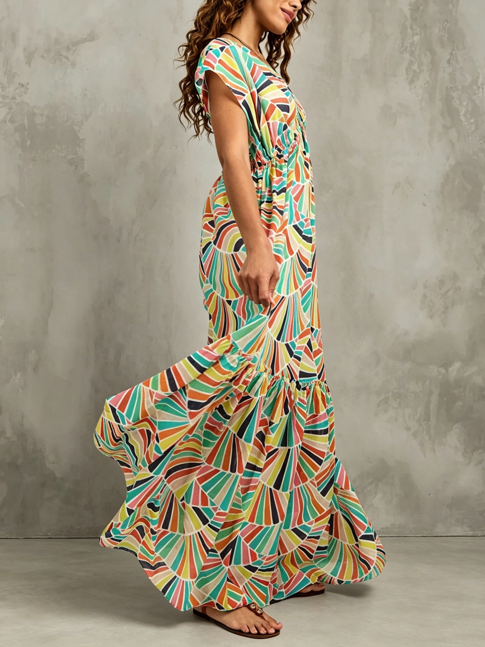 Retro Colorful Fan Print V-neck High-waisted Maxi Dress