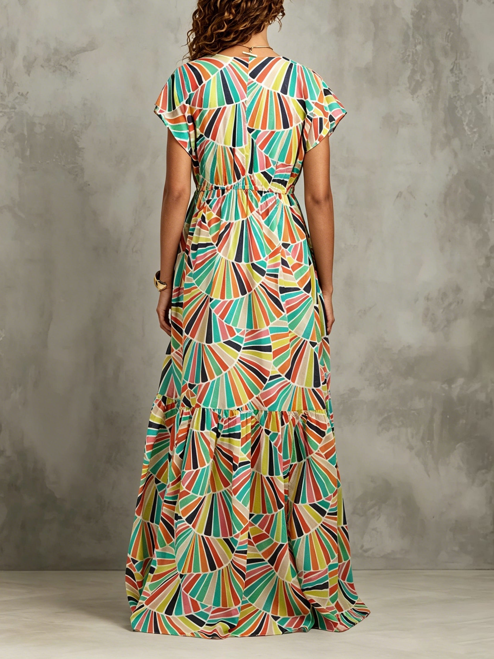 Retro Colorful Fan Print V-neck High-waisted Maxi Dress