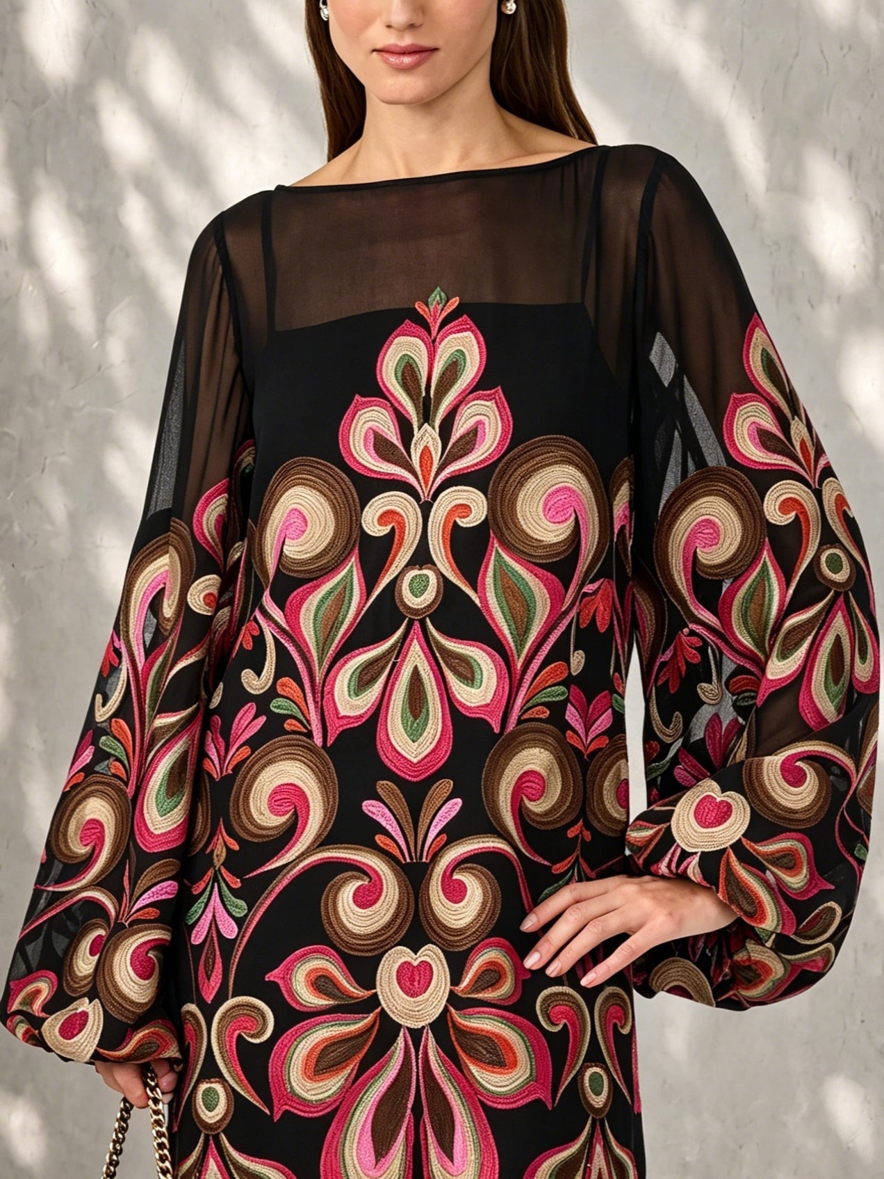 Black Floral Print Lantern Sleeve Boat Neck Chiffon Mini Dress
